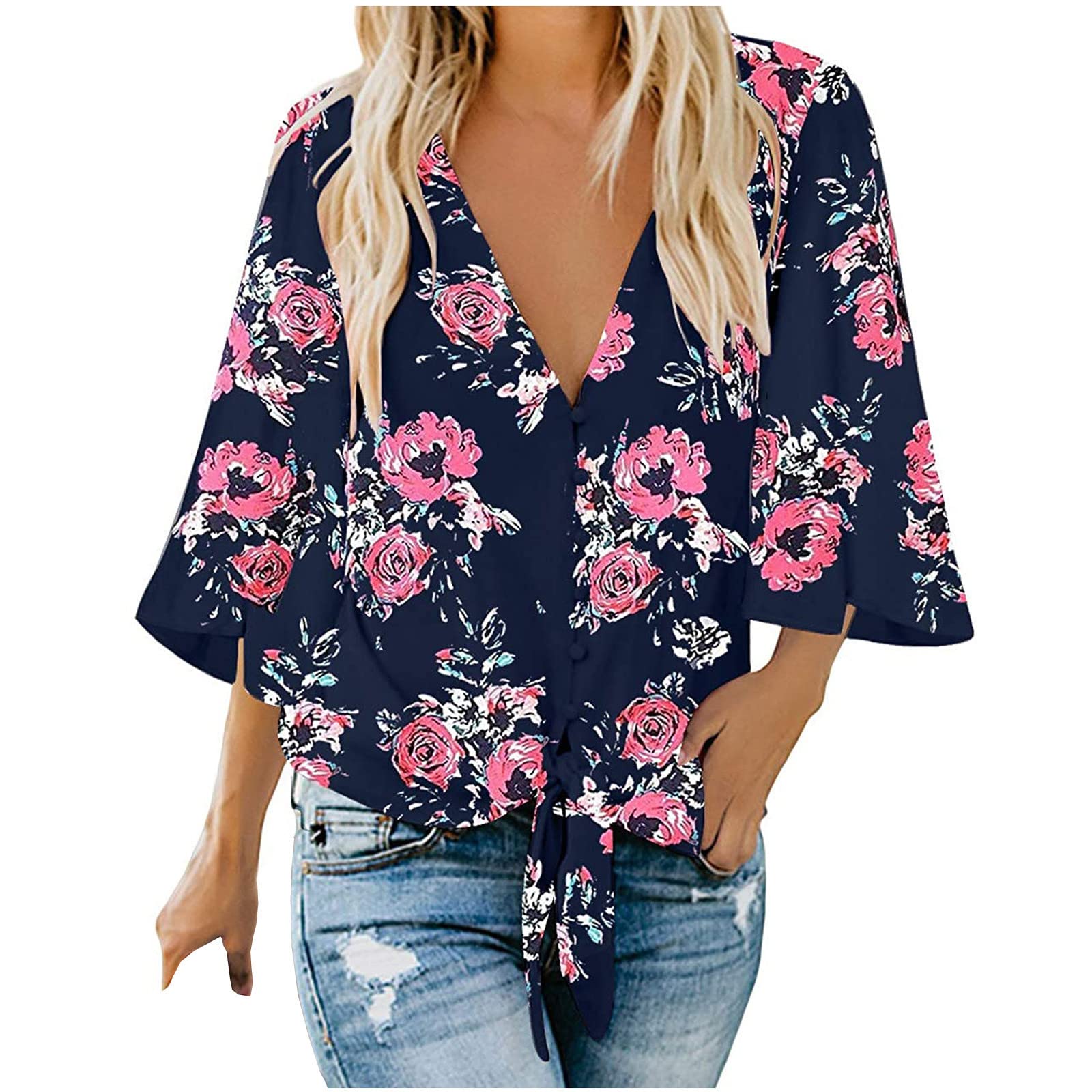 Women's Casual V-Neck Bell Sleeve 3/4 Sleeve Henley Shirt - Trendy Sexy Loose Hawaiian Blouse Tunic Top for Beach, Party & Going Out
