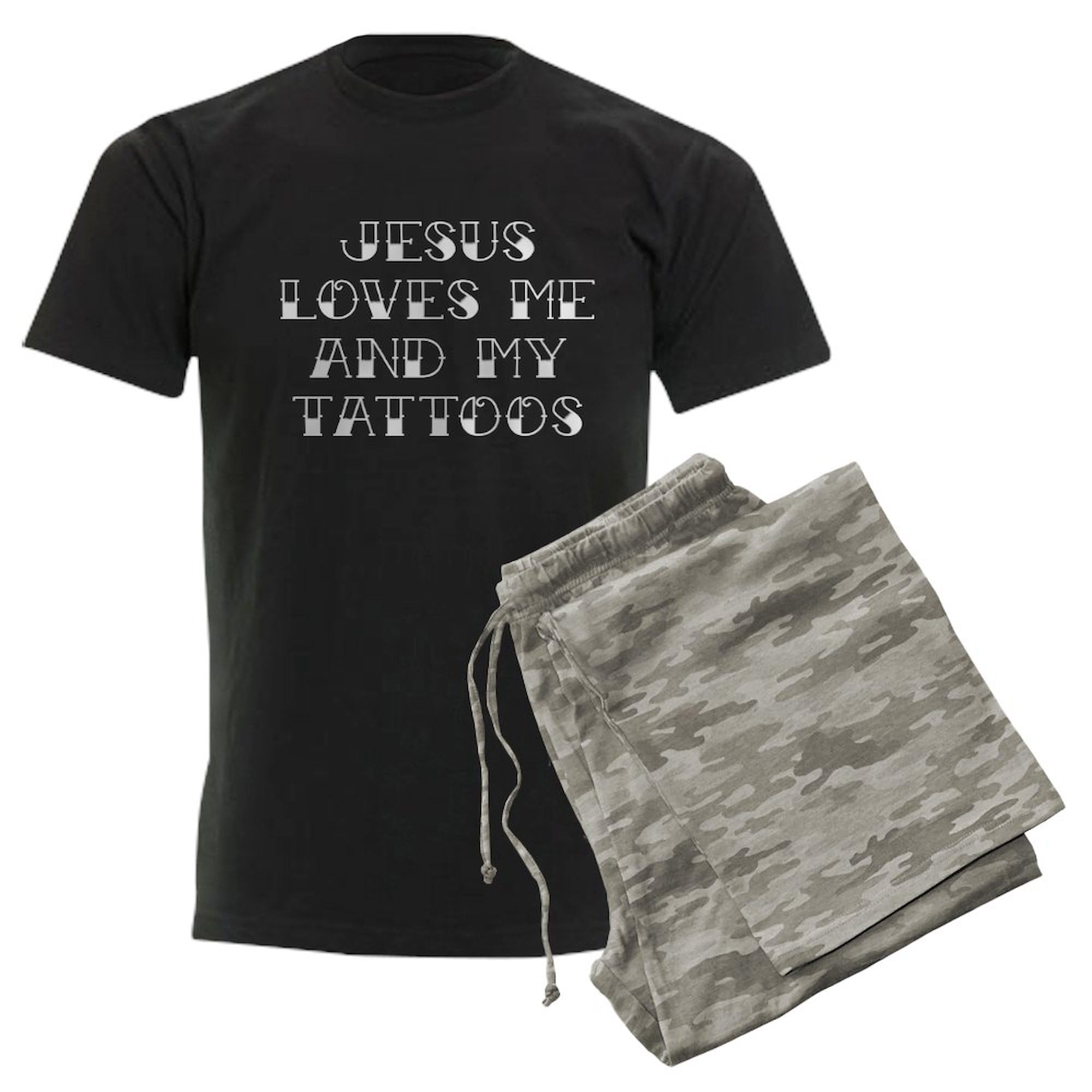 Jesus Loves Me And My Tattoos Men's Dark Pajama Set - Comfortable Sleepwear for Christian Tattoo Lovers - Perfect for Lounge, Sleep & Gift Giving