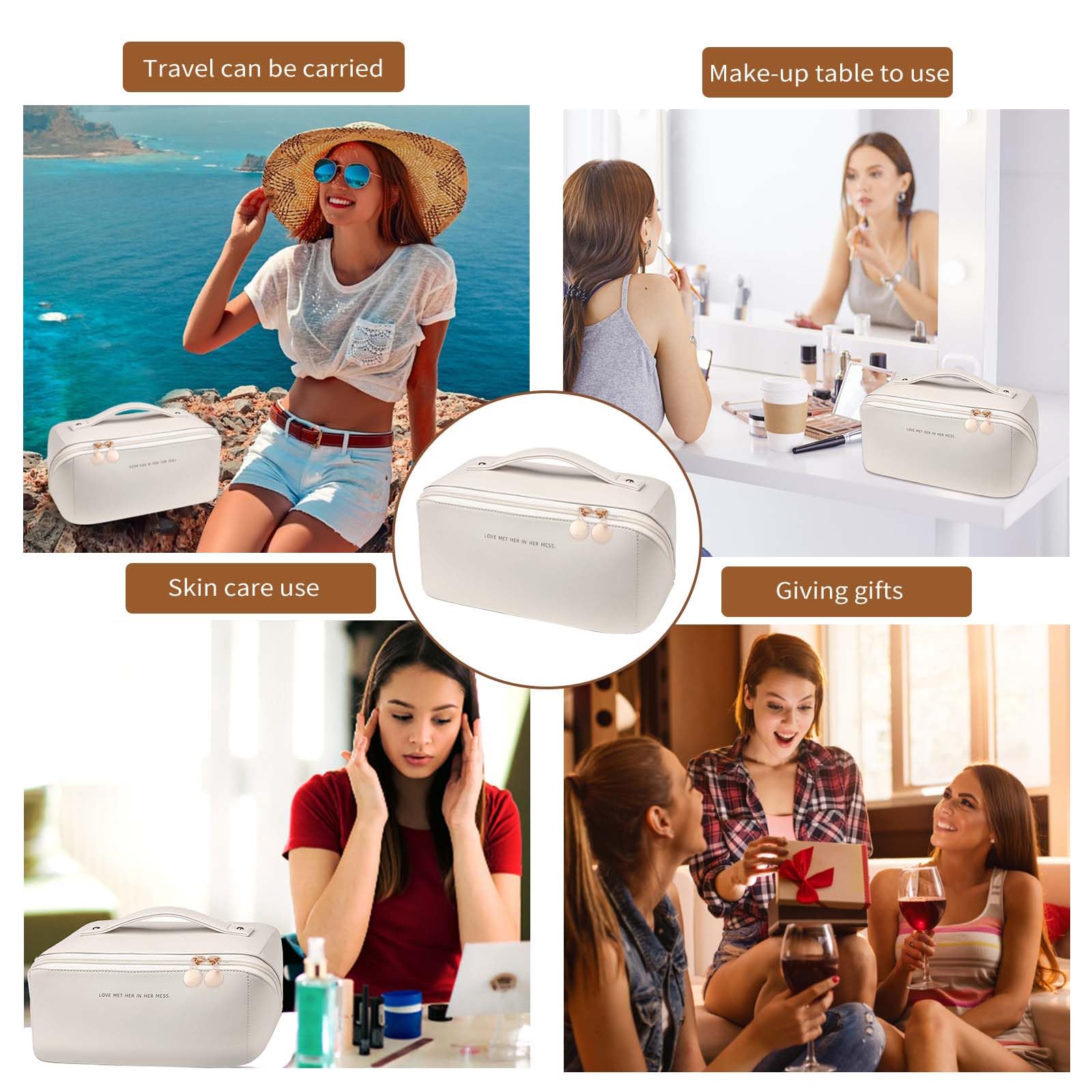 Waterproof PU Leather Travel Makeup Bag - Large Capacity Cosmetic Organizer for Women with Dividers & Handle | Perfect for Vacation, Gym & Daily Essentials Storage