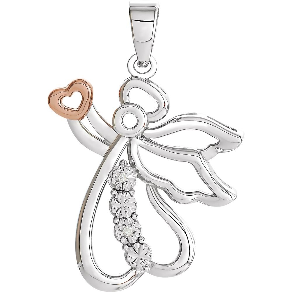 14K Rose Gold Vermeil Guardian Angel Pendant Necklace - 925 Sterling Silver 24.9x16mm Polished Diamond Religious Jewelry - Elegant Gift for Women, Baptism, First Communion & Spiritual Protection