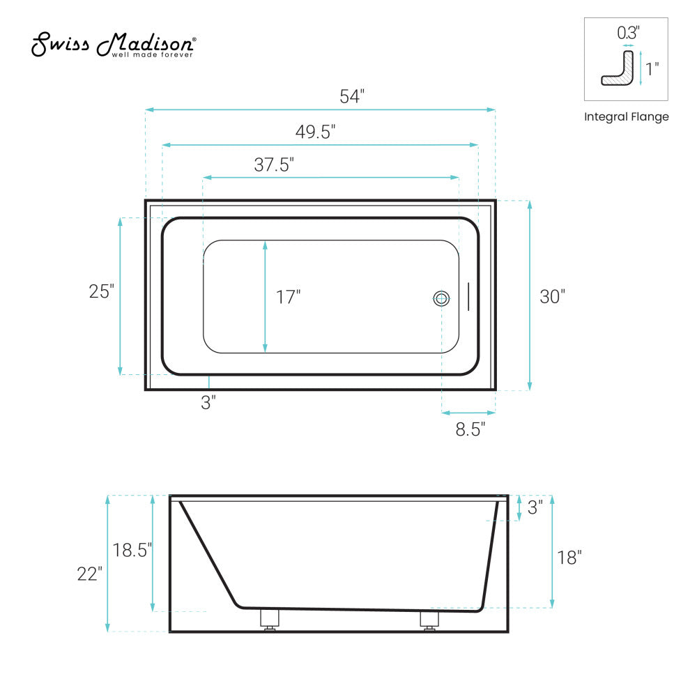 Voltaire 54 x 30 Inch Skirted Right Drain Soaking Bathtub - Glossy White with Integrated Overflow & Drain - Perfect for Master Bathrooms & Spa Retreats