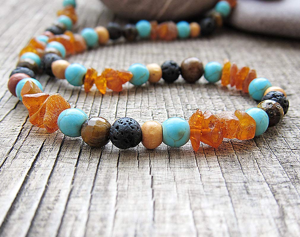 Surfer Choker Necklace for Men - 8mm Natural Baltic Amber Beaded Tribal Jewelry with Wood Accents | Perfect for Beach Parties, Music Festivals & Boho Style Outfits