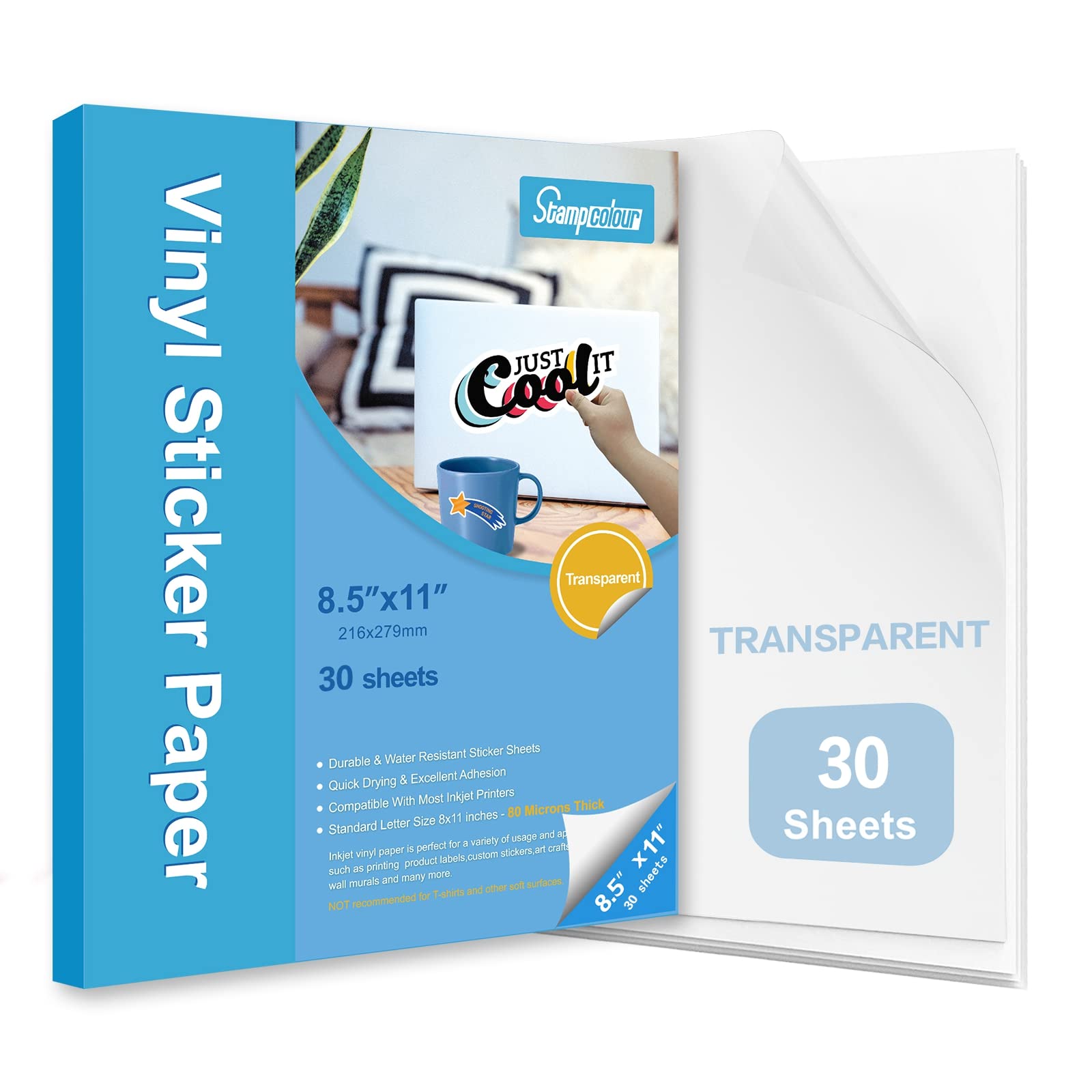 Stampcolour Printable Vinyl Sticker Paper - 30 Clear Self-Adhesive Sheets for Inkjet Printers (Epson, HP, Canon, Sawgrass) | Quick-Drying, Vivid Colors, Tear-Resistant Decal Paper | Perfect for DIY Crafts, Laptop Decals & Water Bottle Labels