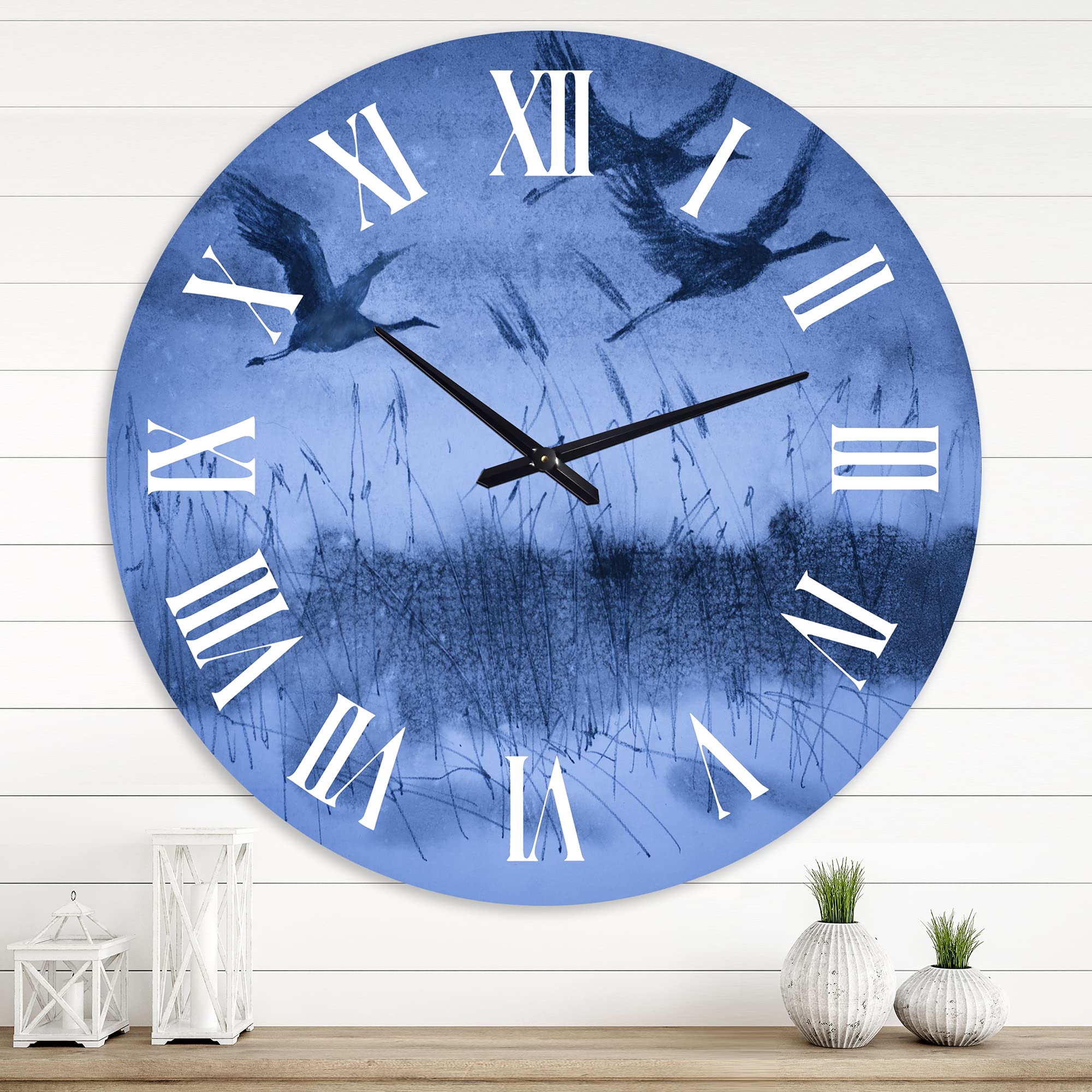 DesignQ Traditional Large Wall Clock - 'Cranes in Flight During Dark Blue Evening Light' - Elegant Animal-Themed Wall Clock for Home, Office & Living Room Decor - Perfect for Bedroom, Study, or Workspace