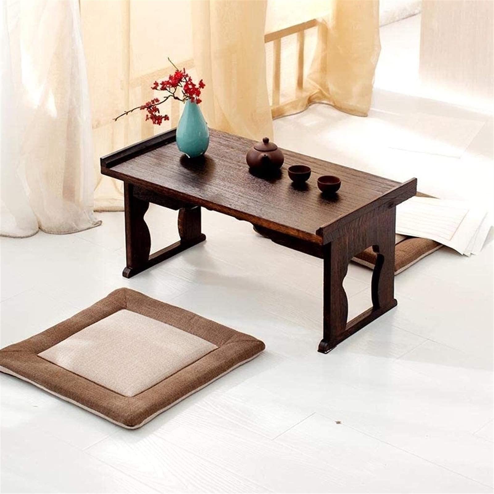 Japanese Style Low Coffee Table - Wood Folding Table Desk for Living Room, Small Platform Table with Windows Design | Perfect for Small Spaces, Tea Ceremonies & Modern Home Decor