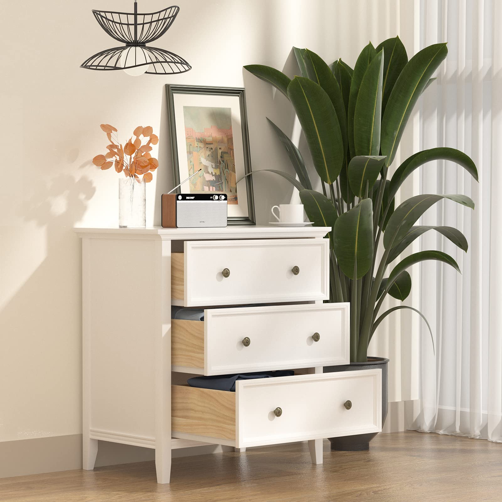 IKENO White Nightstand with 3 Drawers & USB Charging Station - Solid Wood Bedside Table with Storage Organizer for Bedroom, Living Room, or Office