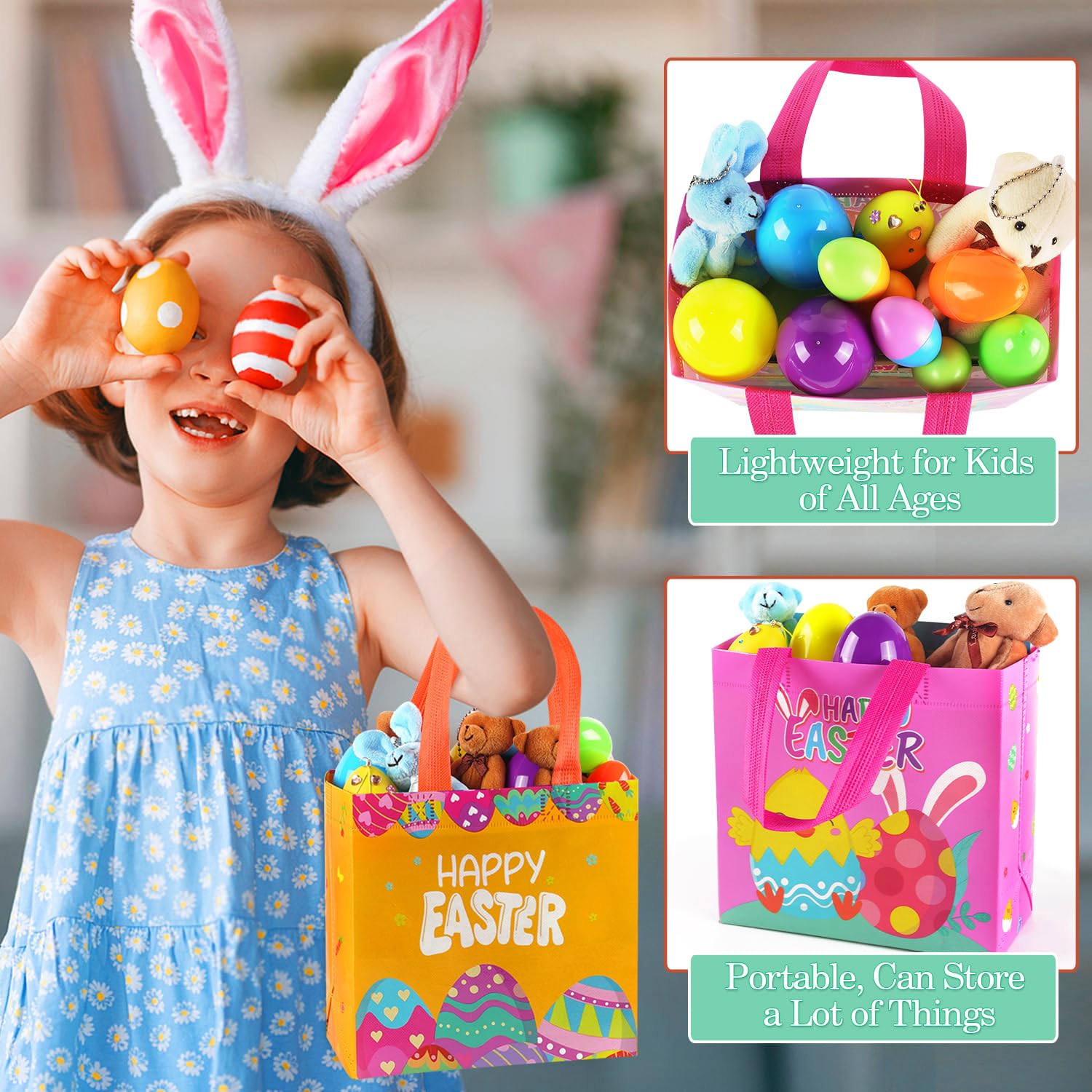 16PCS Reusable Easter Gift Bags with Handles - Non-Woven Easter Egg Hunt Treat Bags for Party Favors, Candy & Goodies | Easter Basket Fillers, Holiday Gift Wrapping & Spring Party Supplies