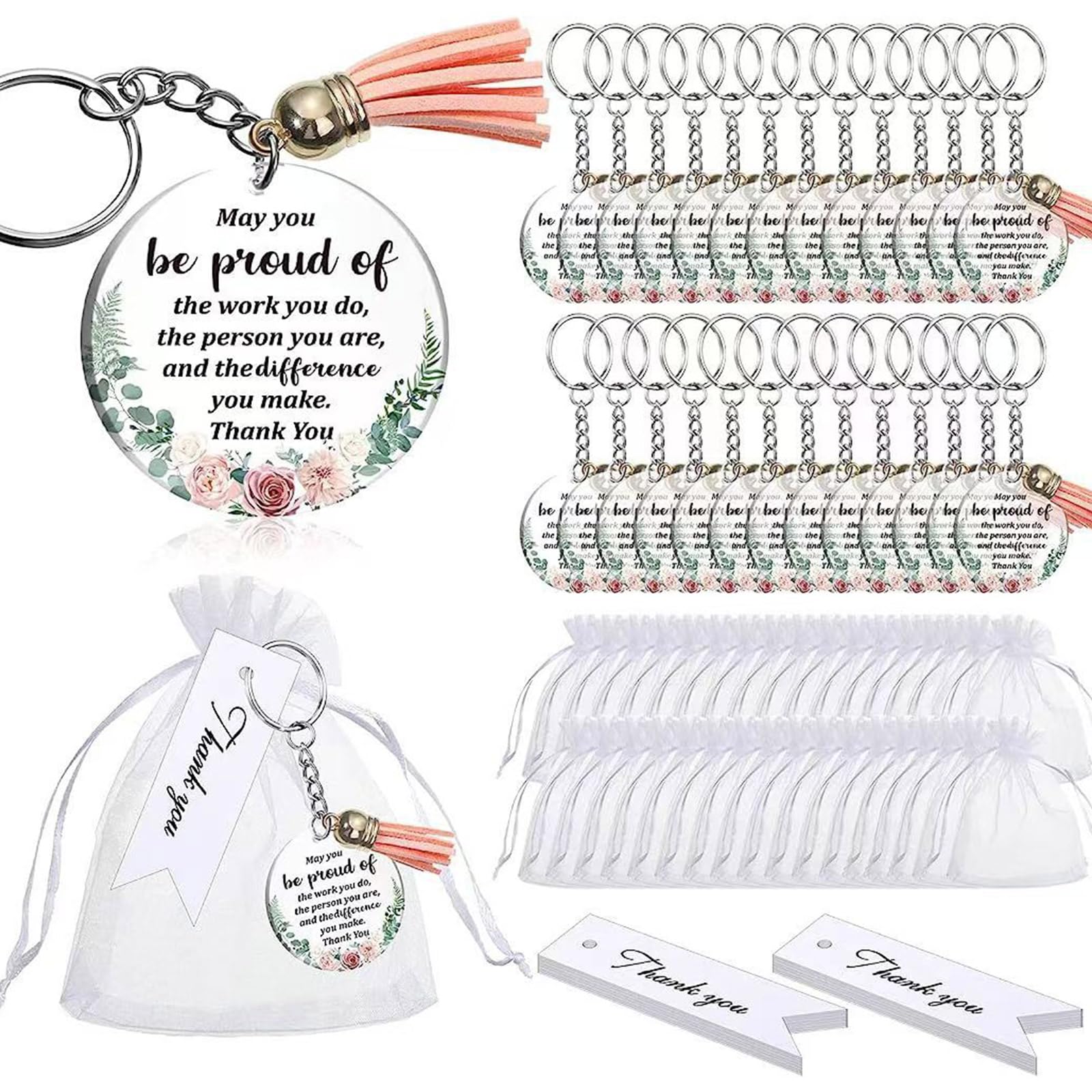 48-Pack Saddgo Thank You Cards with Inspirational Floral Acrylic Keychains - Appreciation Gifts for Birthday, Teacher, Nurse & Coworkers | Bulk Thank You Notes with Plastic Storage Bags for Office, School & Party Favors