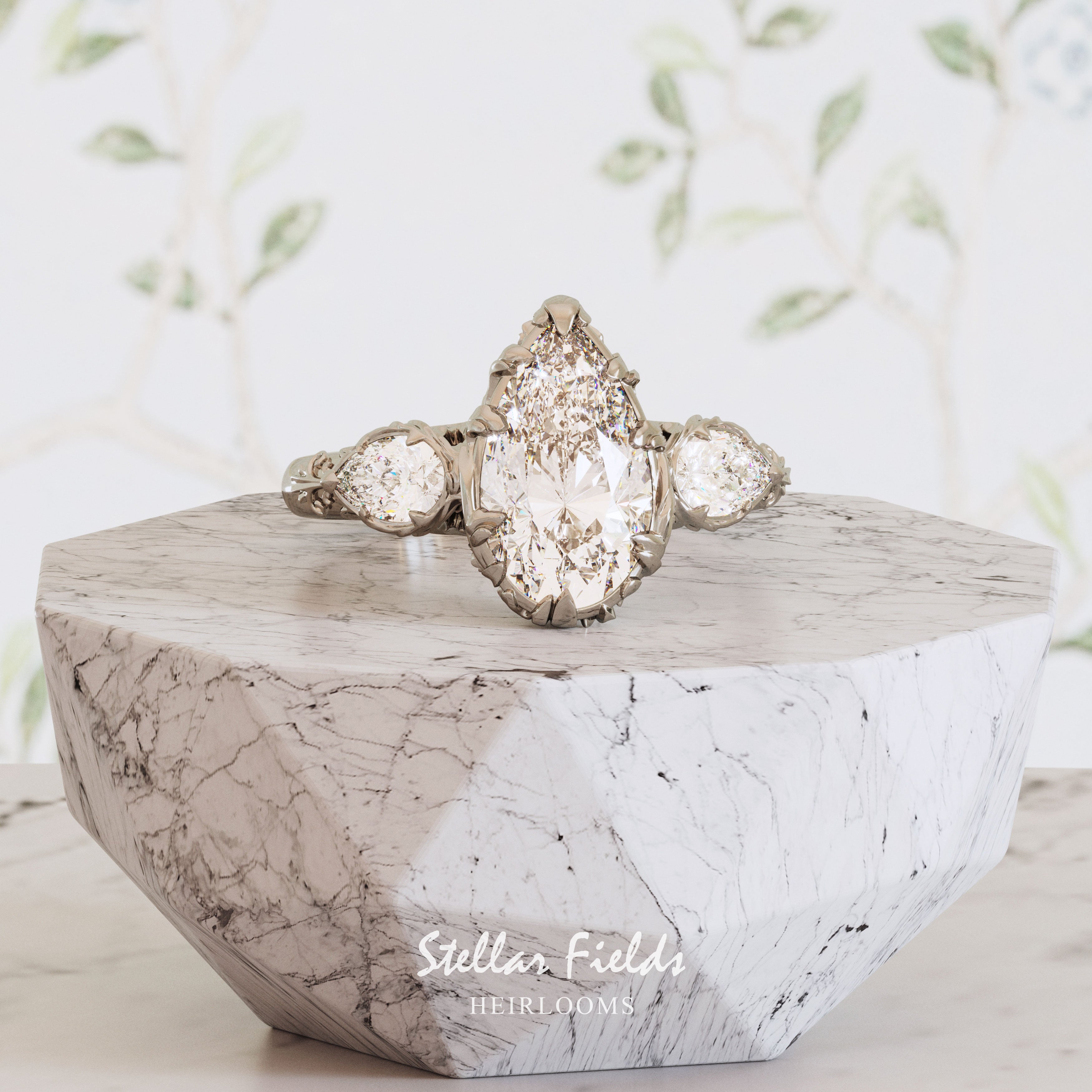 Natural Pear-Shaped 3 Stone Diamond Engagement Ring - Valerie Inspired Nature Design for Wedding, Proposal & Anniversary Gifts