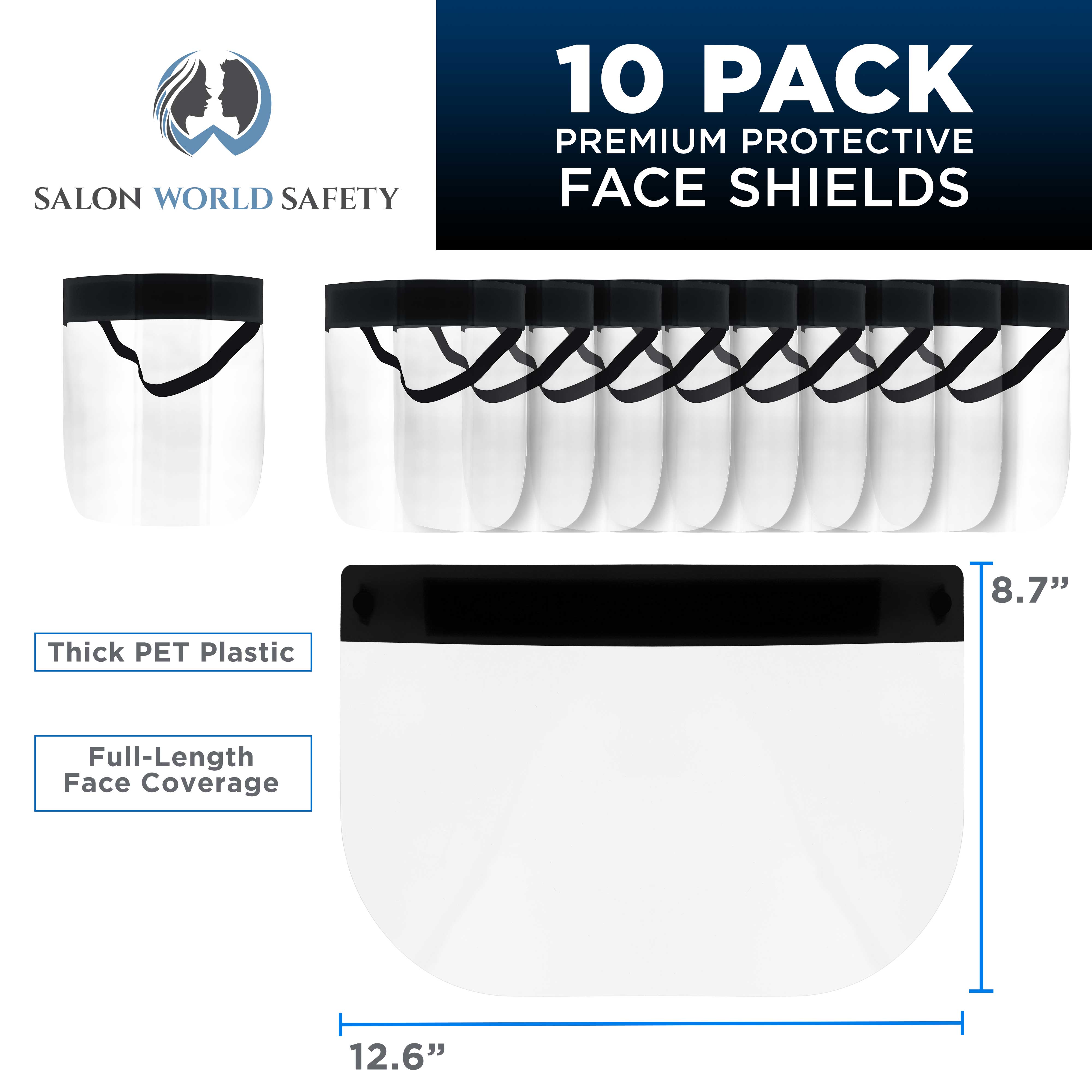 10 Pack Black Face Shields - Ultra Clear Full Face Protection, Anti-Fog PET Plastic for Eyes, Nose & Mouth Protection | Droplet & Splash Guard for Healthcare, Food Service & Industrial Safety