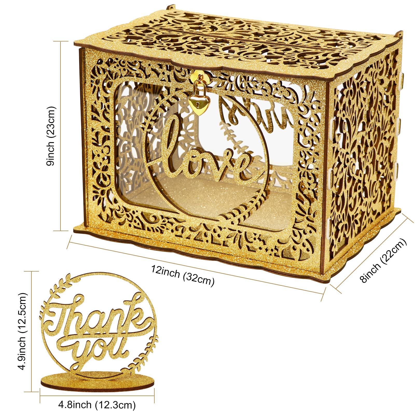 OurWarm Glitter Wooden Wedding Card Box with Heart Lock & String Lights - Elegant Gift & Money Holder for Wedding, Birthday, Anniversary, Graduation - Perfect for Reception Decor & Romantic Celebrations