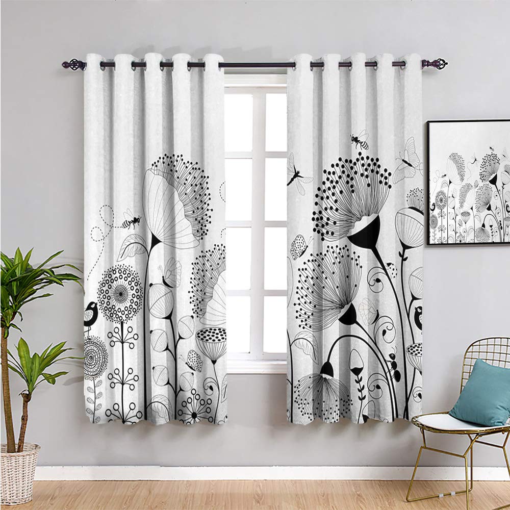 Premium Blackout Curtains 63x63 Inch - Black & White Floral Design with Butterflies & Bees | Noise Reducing, Thermal Insulating Window Treatments for Bedroom, Living Room & Nursery