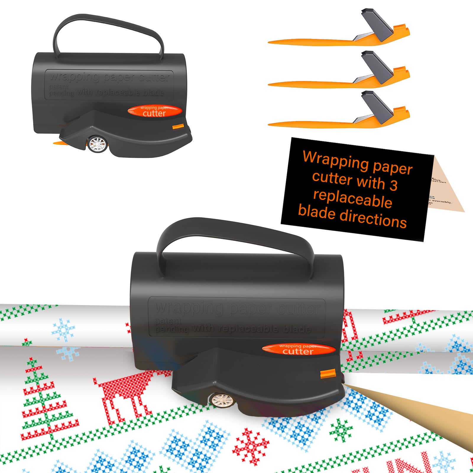 3-in-1 Wrapping Paper Cutter with Replaceable Blades - Perfect for Christmas, Birthday & Holiday Gift Wrapping - Includes Tube Holder & Sliding Slicer for Easy Paper Cutting (Ideal for Home, Office & Craft Projects)