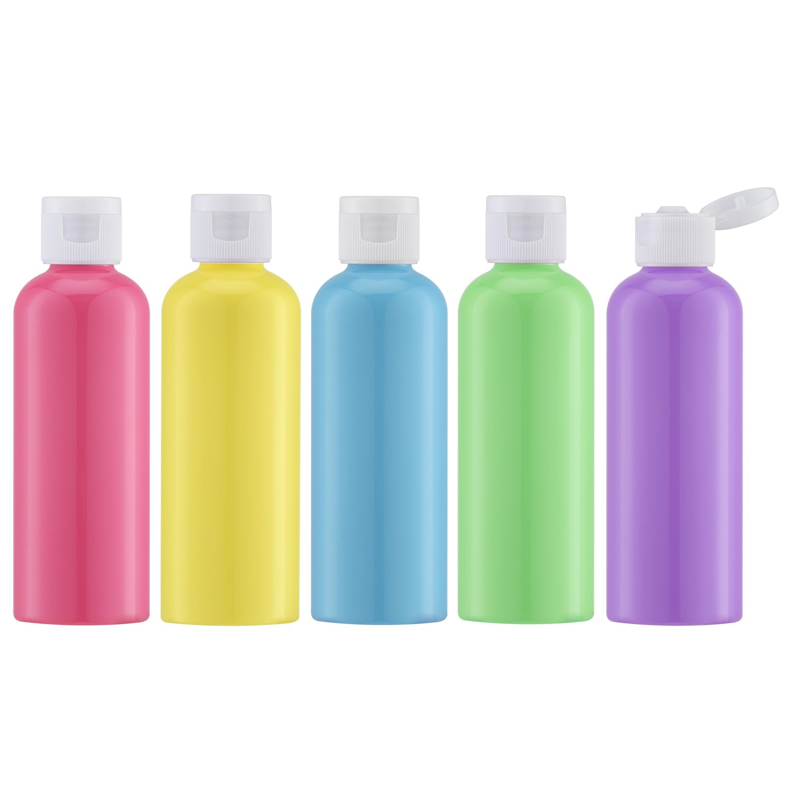 LISAPACK 3.4oz (100ml) Travel Bottles for Toiletries - 5 Pack Leak Proof Shampoo Containers with Lids - Multi Colored Travel Size Bottles for Shower Gel, Lotion & Cosmetics - Perfect for Airplane Carry On, Gym & Vacation