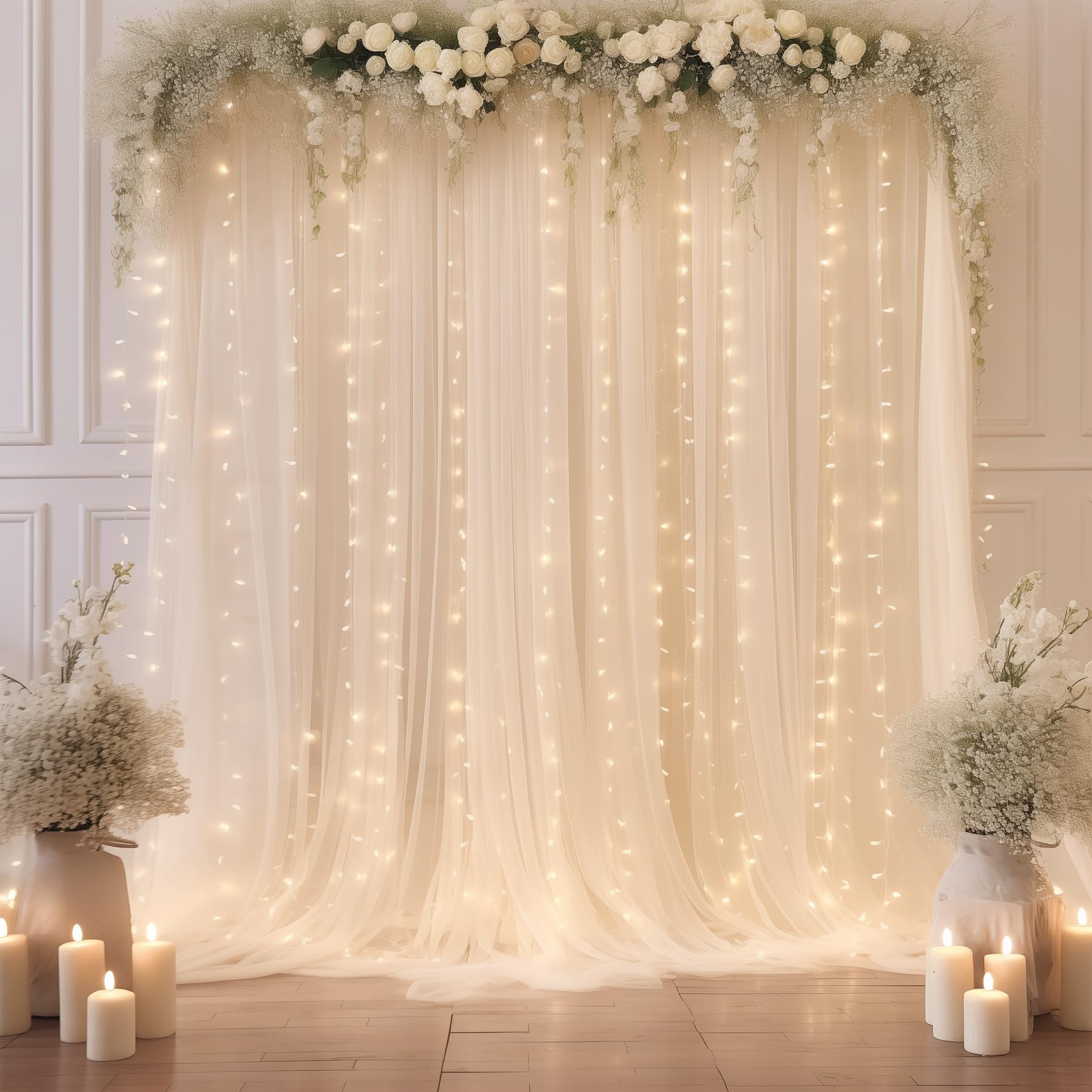 10×10ft White Tulle Backdrop Curtain with Fairy Lights - Sheer Wedding Party Decor, Photo Booth Background, Birthday Celebration Drapes for Home & Event Decorations