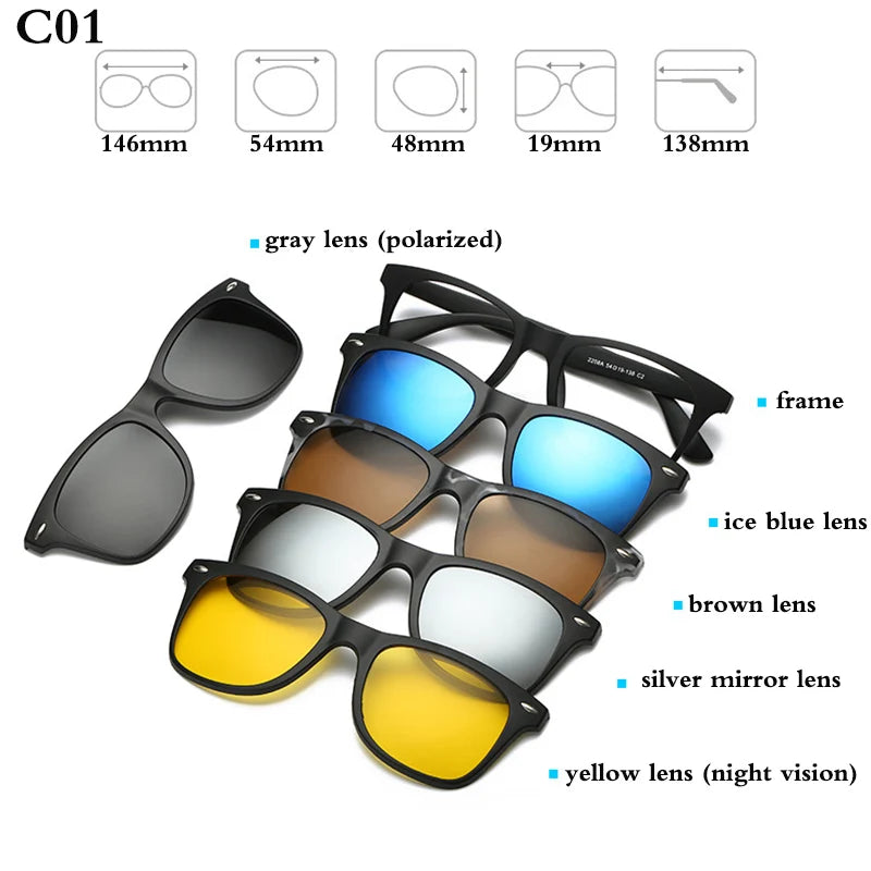 Belmon Unisex Square Eyeglasses with 5 Clip-On Sunglasses - Lightweight Blue Light Blocking Glasses for Men & Women - Perfect for Reading, Driving, and Outdoor Activities (RS159)