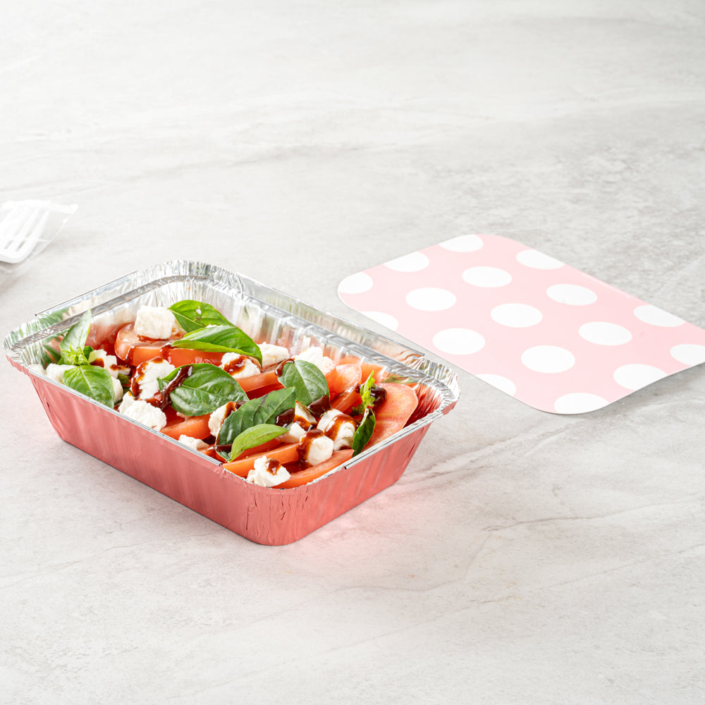 16 oz Pink Aluminum Take Out Containers with Polka Dot Paper Lids - 7.25