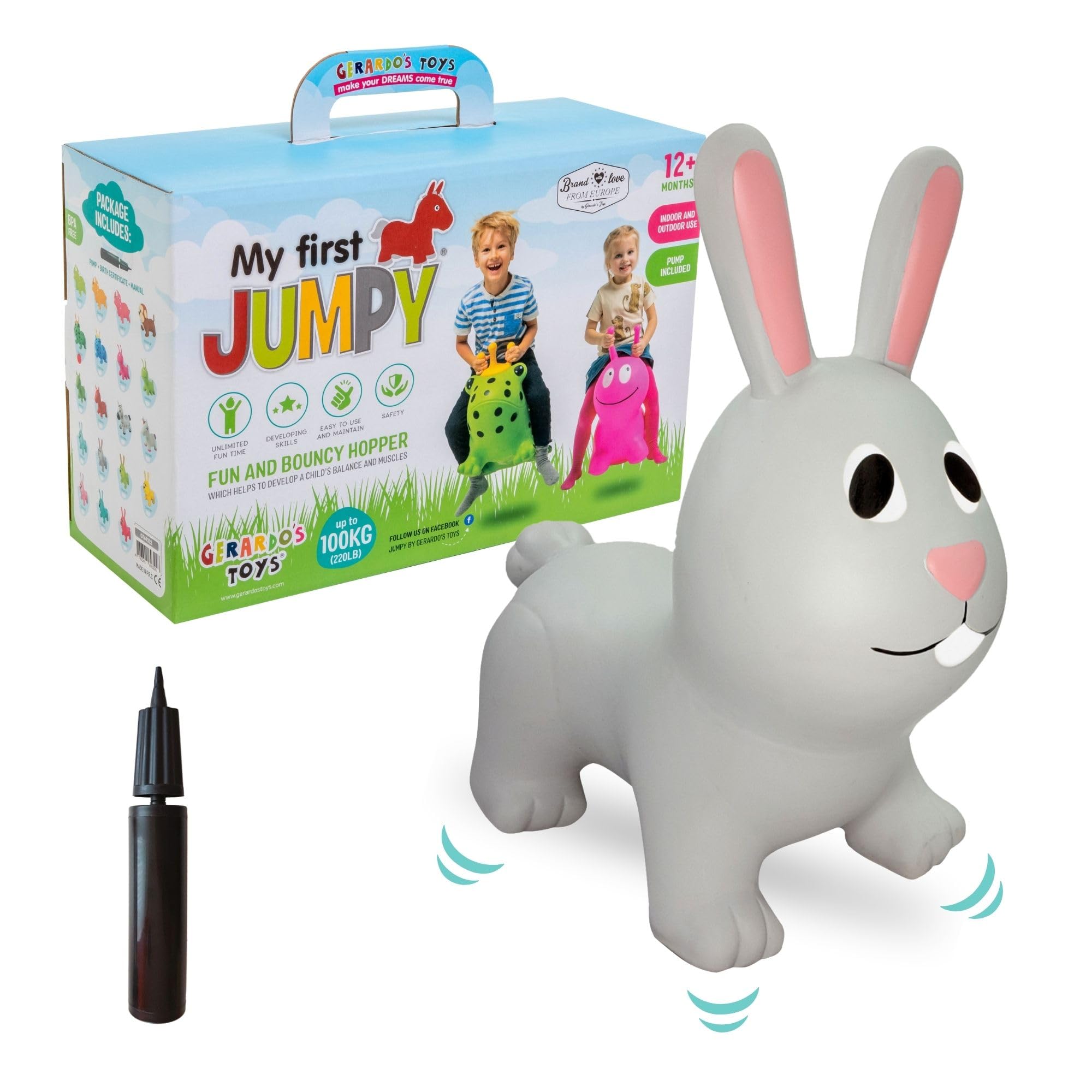 GERARDO'S Jumpy Toddler Bouncer - Animal Bouncy Bunny Ride-On Toy for Kids Ages 1-3 - Inflatable Hopper for Boys & Girls - Indoor Outdoor Bouncing Toy - Perfect for Birthday Gifts, Playtime & Exercise