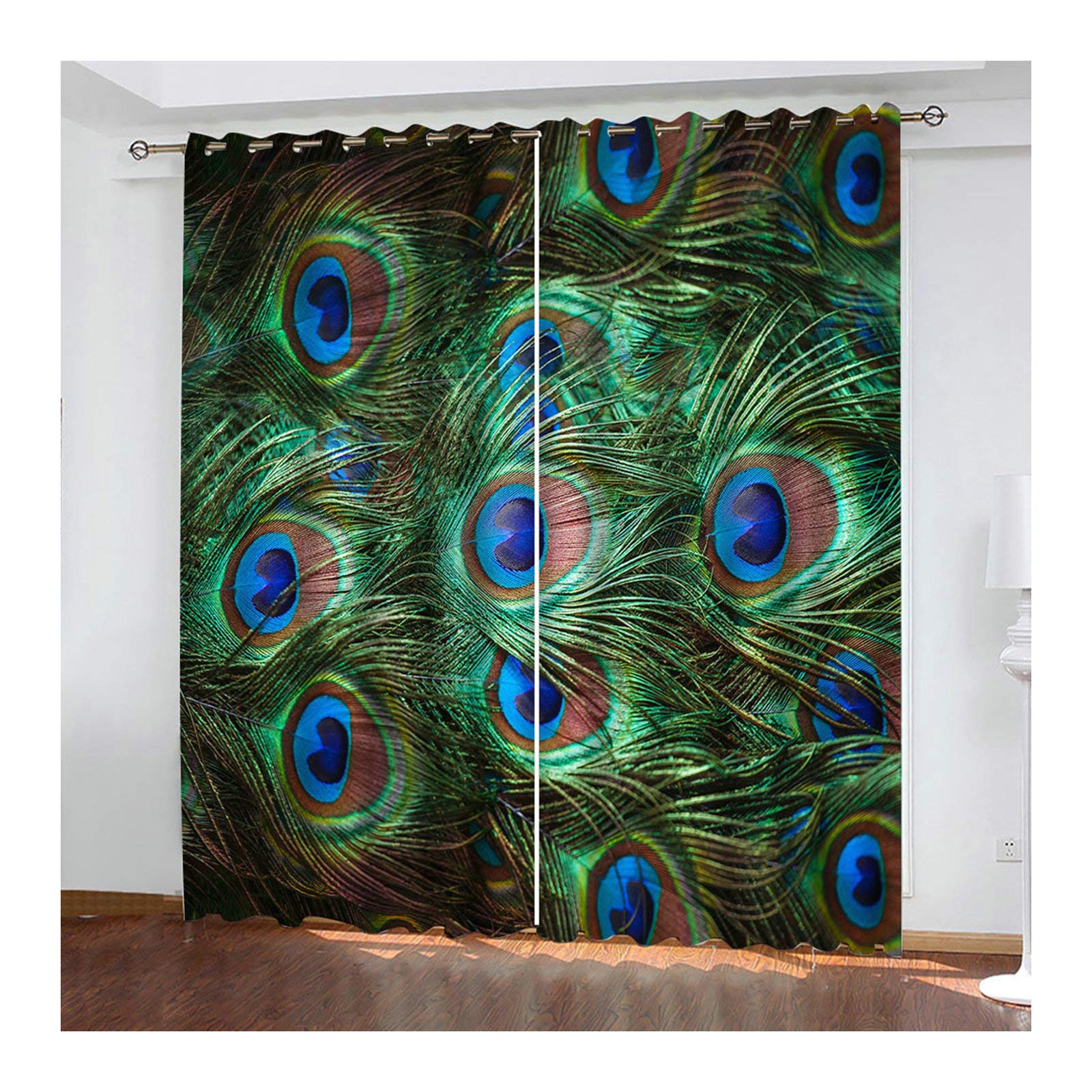 MoAndy Blackout Curtains for Living Room & Kids Bedroom - 2 Panels 54x108 Inch Darkening Window Drapes in Peacock Feather Design (Green/Blue) - Perfect for Light Blocking, Privacy & Nursery Decor
