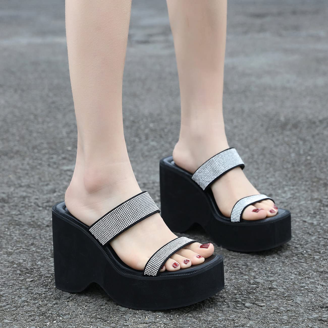 FIFSY Women's Rhinestone Wedge Sandals - Sexy High Heel Open Toe Mules for Summer, Parties & Weddings - Comfortable Square Toe Dress Shoes for Women