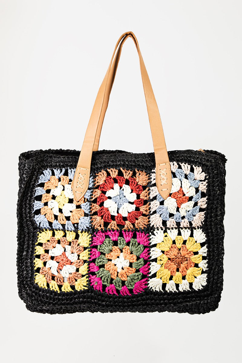 Eco-Friendly Crochet Panel Straw Tote Bag - Handmade Beach Bag for Women, Summer Vacation, Picnic & Shopping - Stylish & Durable