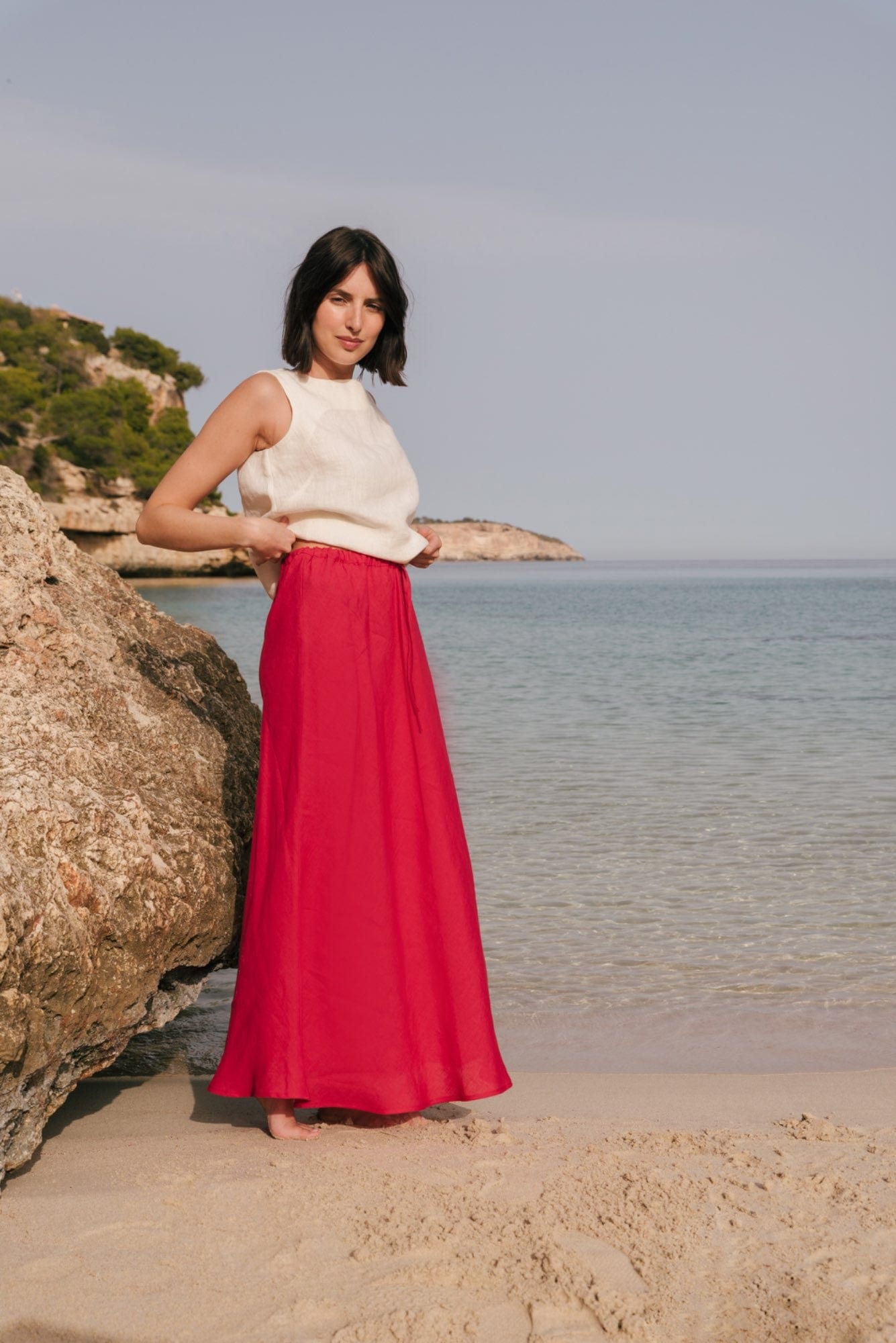 Ciara Women's Linen Slip Skirt - Breathable Summer Midi Skirt with Elastic Waist | Available in Multiple Colors | Perfect for Beach, Vacation & Casual Outings