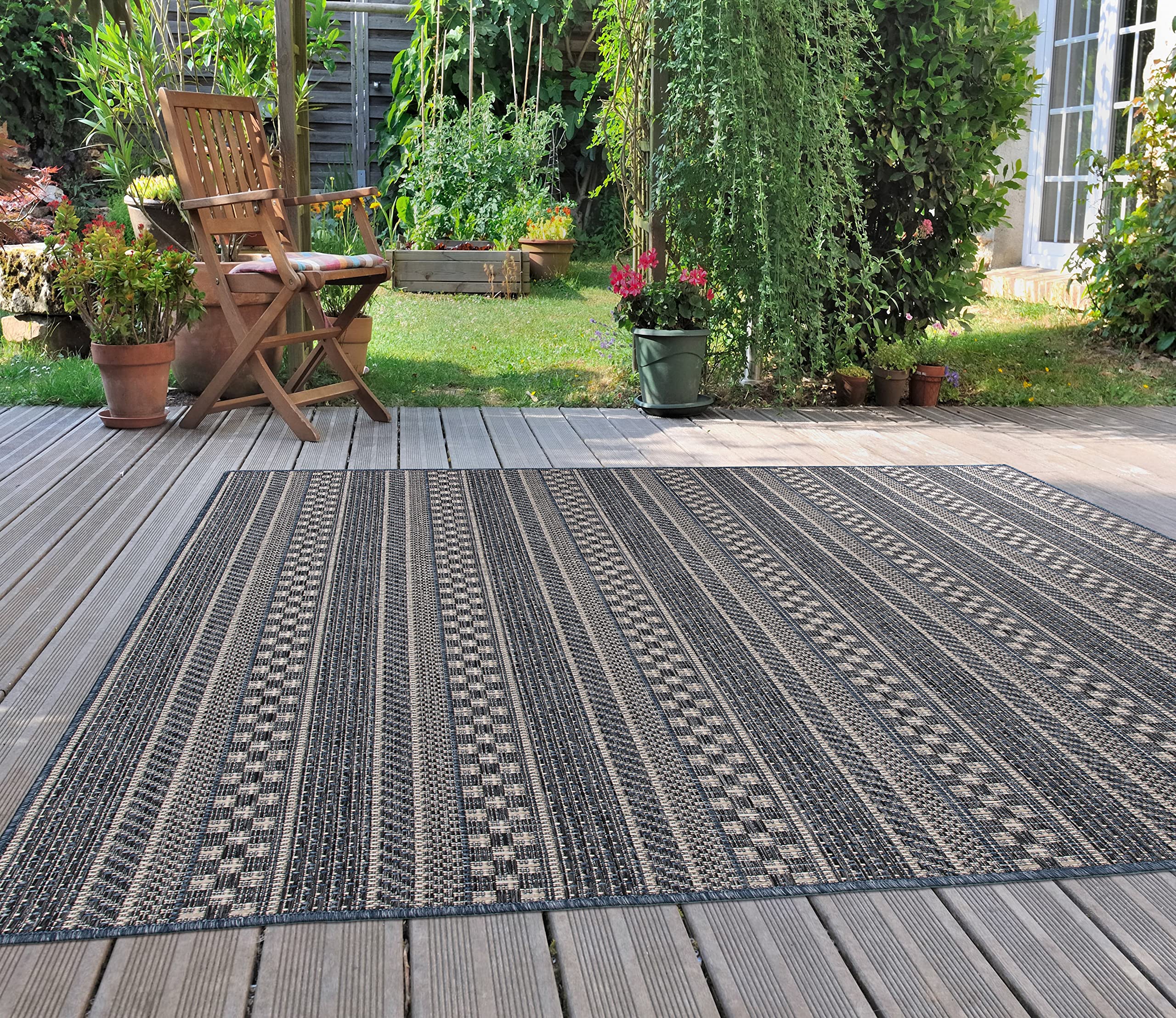 Bohemian Striped Indoor/Outdoor Area Rug 5' x 7' Blue - Perfect for Patio, Deck, Balcony & Living Room Decor