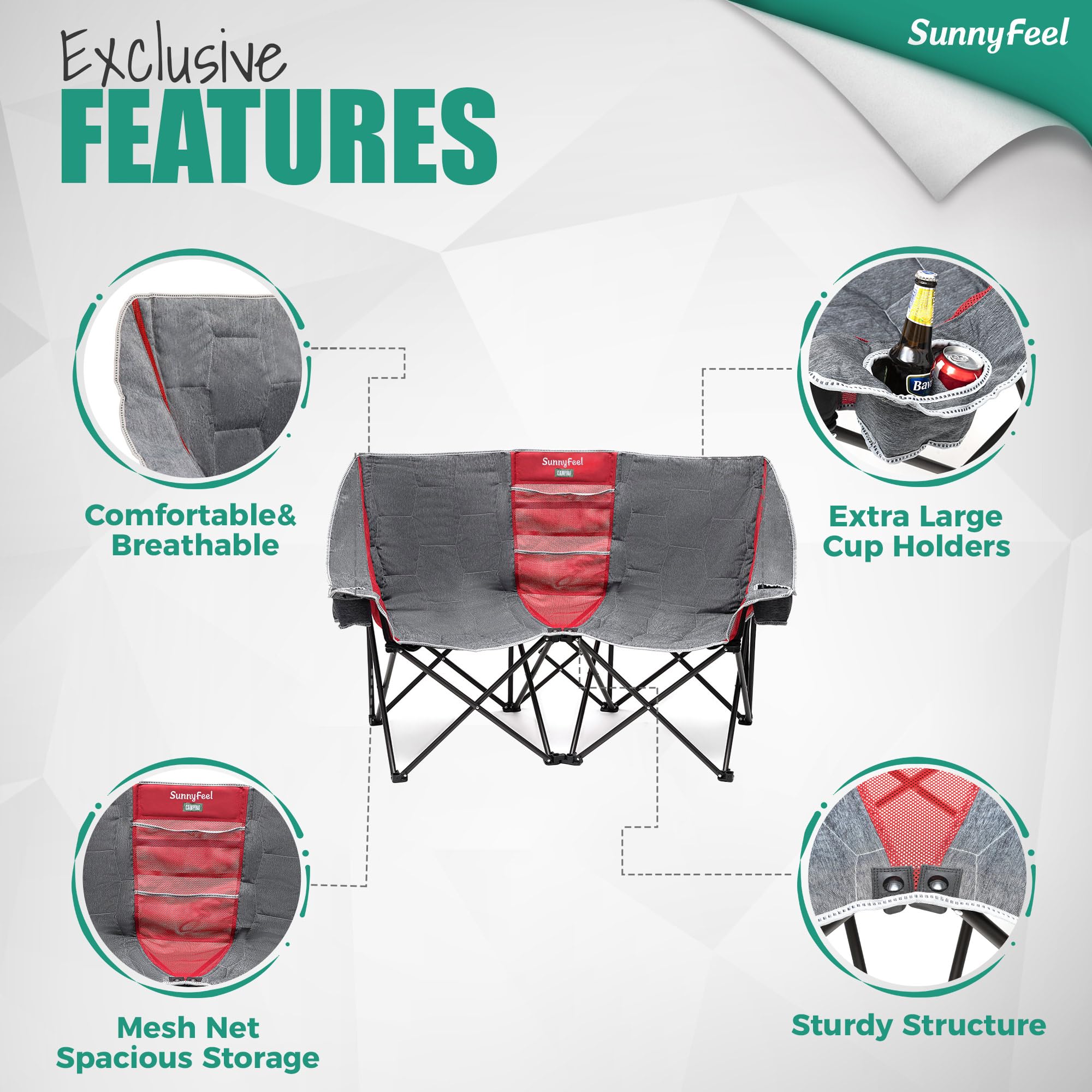 **SUNNYFEEL Heavy Duty Folding Double Camping Chair - Oversized Portable Loveseat for 2 Adults with Storage Pouch - Perfect for Outdoor, Travel, Picnic, Beach, and Backyard Relaxation**