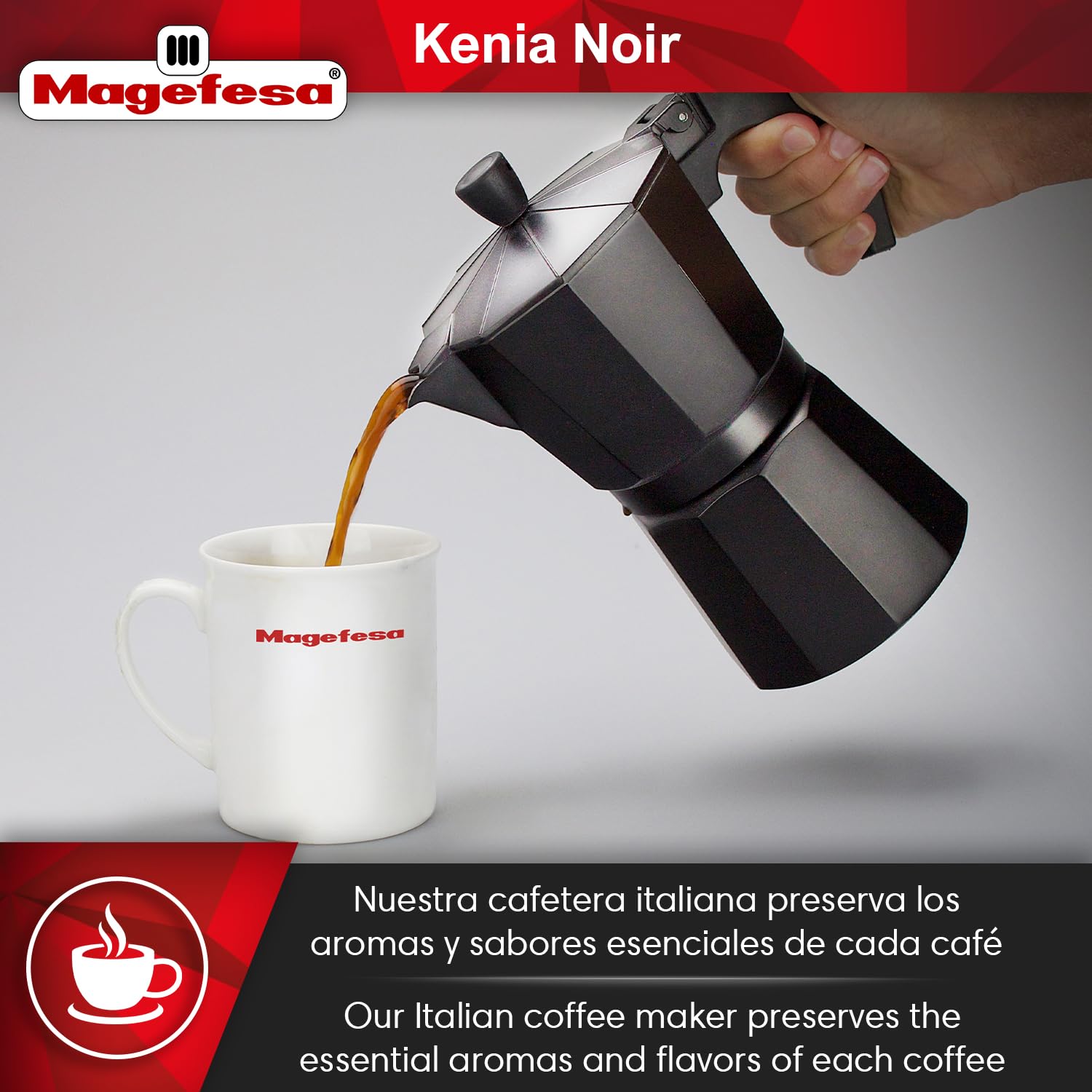 MAGEFESA Kenia Noir Stovetop Espresso Moka Pot - 9 Cup (15 oz) Aluminum Italian Coffee Maker for Cuban & Espresso Coffee - Extra Thick Heat-Resistant Handle, Safe & Easy to Use - Perfect for Home, Office & Camping Brewing