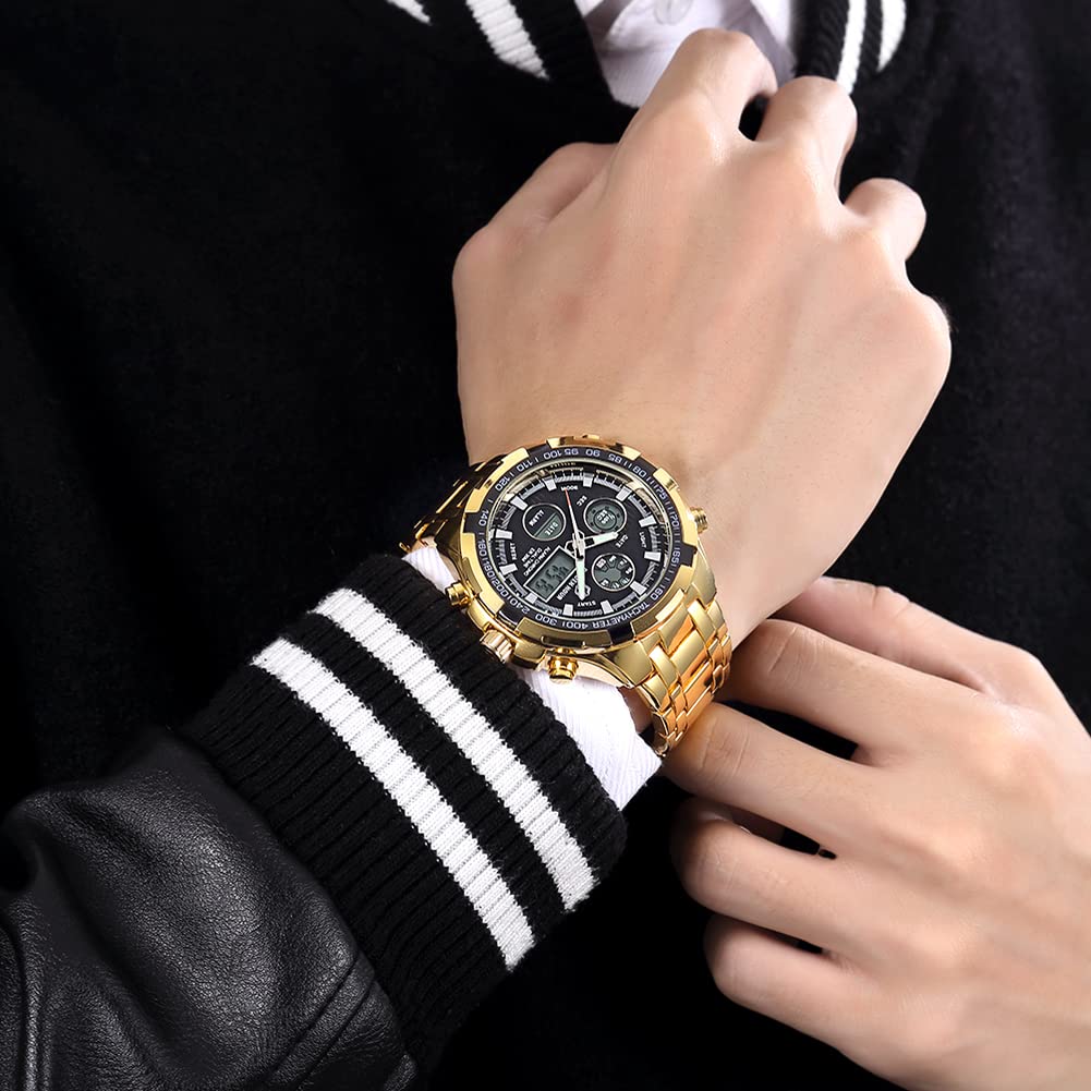 GOLDEN HOUR Luxury Stainless Steel Analog Digital Watch for Men - Waterproof Sports Wristwatch with Heavy Duty Design | Perfect for Outdoor Activities, Hiking & Everyday Wear