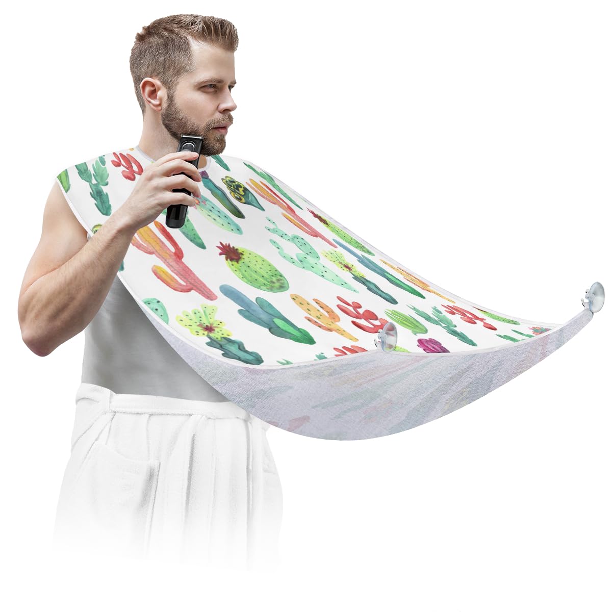 **Non-Stick Beard Bib for Men - Cactus Shaving Cape with Suction Cups, Hair Catcher for Grooming - Perfect Gift for Husband & Dad (Ideal for Home Barbers & Travel Shaving)**