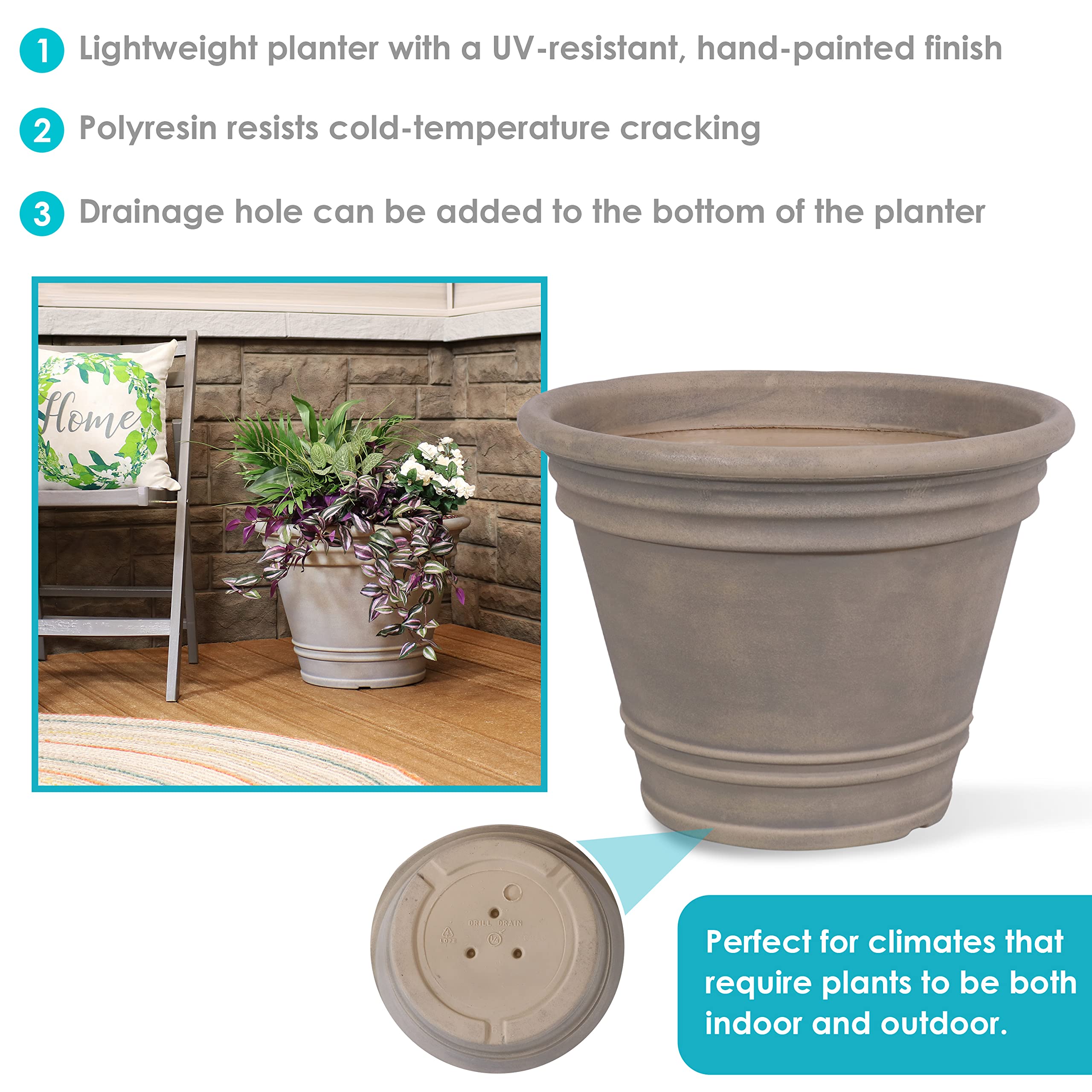 Sunnydaze 20-Inch Large Franklin Outdoor Planter - 2 Pack Beige Polyresin Round Garden Pot with Drainage Hole - Perfect for Patio, Deck, Porch & Backyard Decor