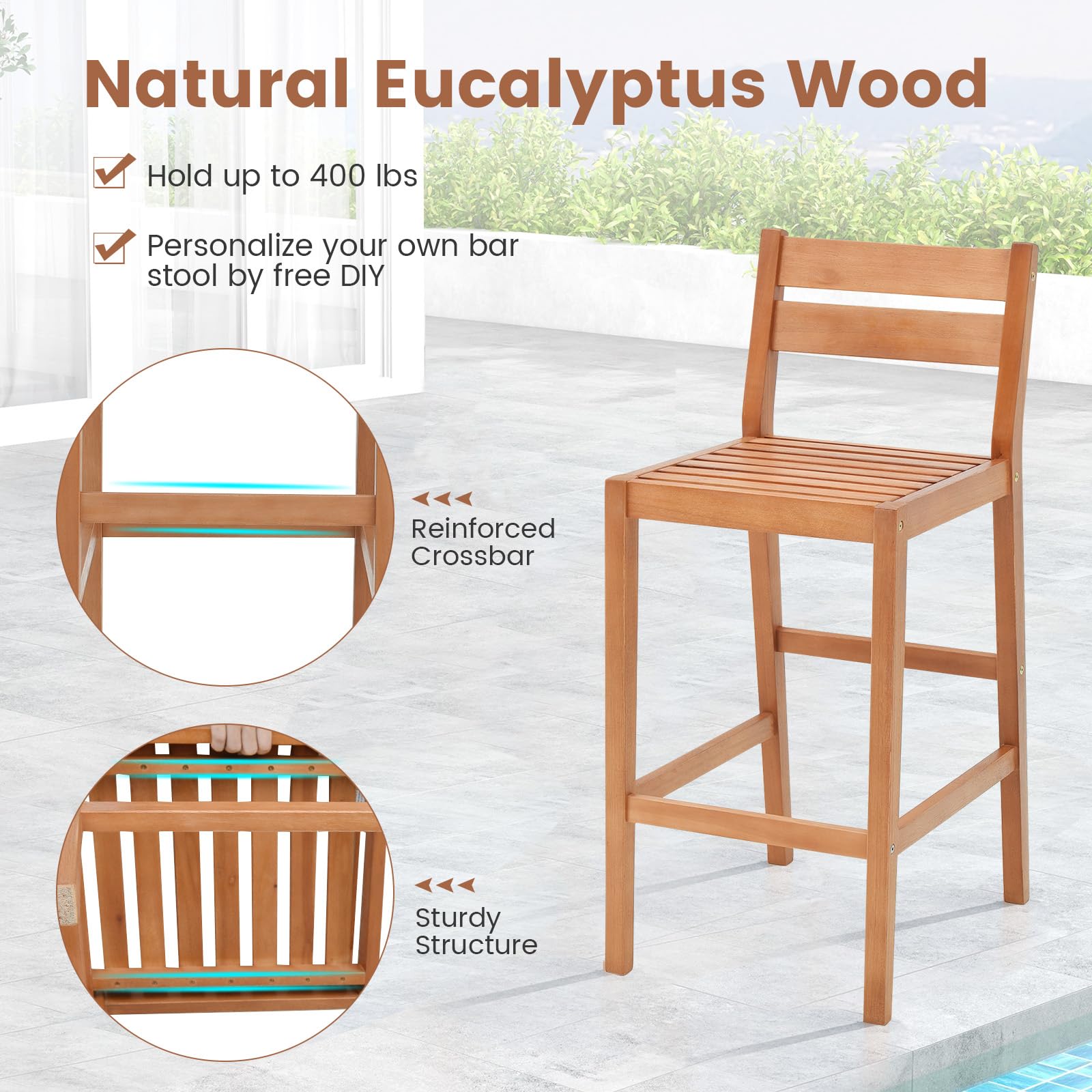 Tangkula 3-Piece Patio Bar Set - Eucalyptus Wood Outdoor Bar Table & Chairs with Cushions - Bistro Pub Dining Set for Garden, Yard, Poolside - Weather-Resistant & Durable - Perfect for Outdoor Entertaining & Relaxation
