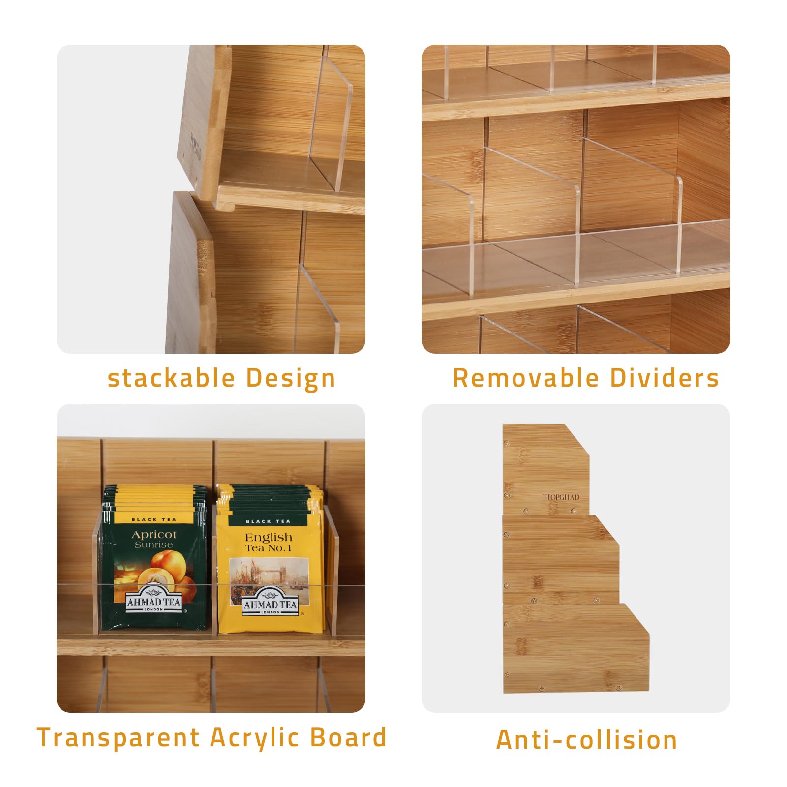 3-Tier Stackable Bamboo Tea Bag Organizer - Wooden Tea Box Container with Patented Design for Kitchen, Office & Countertop Storage - Perfect for Organizing Tea Bags in Cabinets or Desks