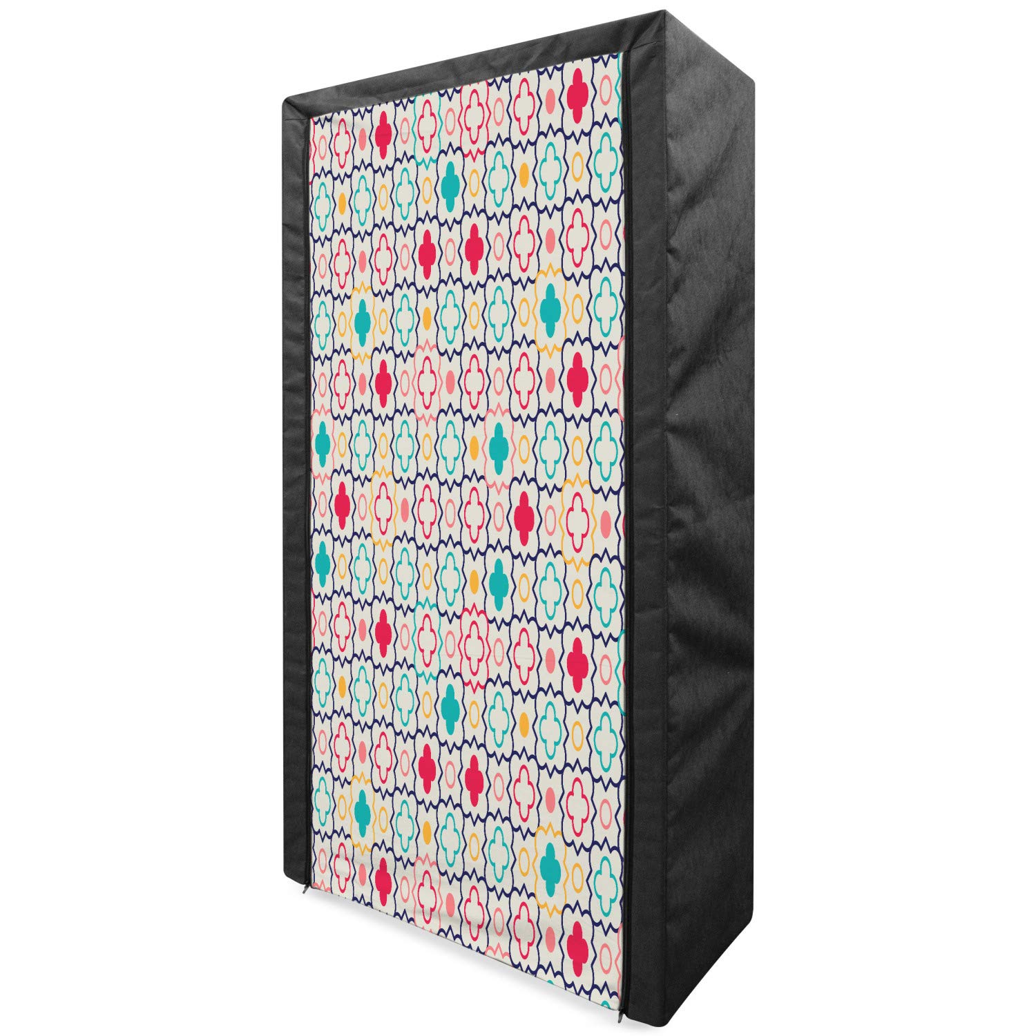 Ambesonne Quatrefoil Portable Fabric Wardrobe with Shelves | Traditional Tile Pattern Clovers Lattice Oriental Art Print | Blue Green Clothing Organizer & Storage Closet (33.5 Inch) - Perfect for Bedroom, Closet Organization, Dorm Room & Small Space Storage Solutions