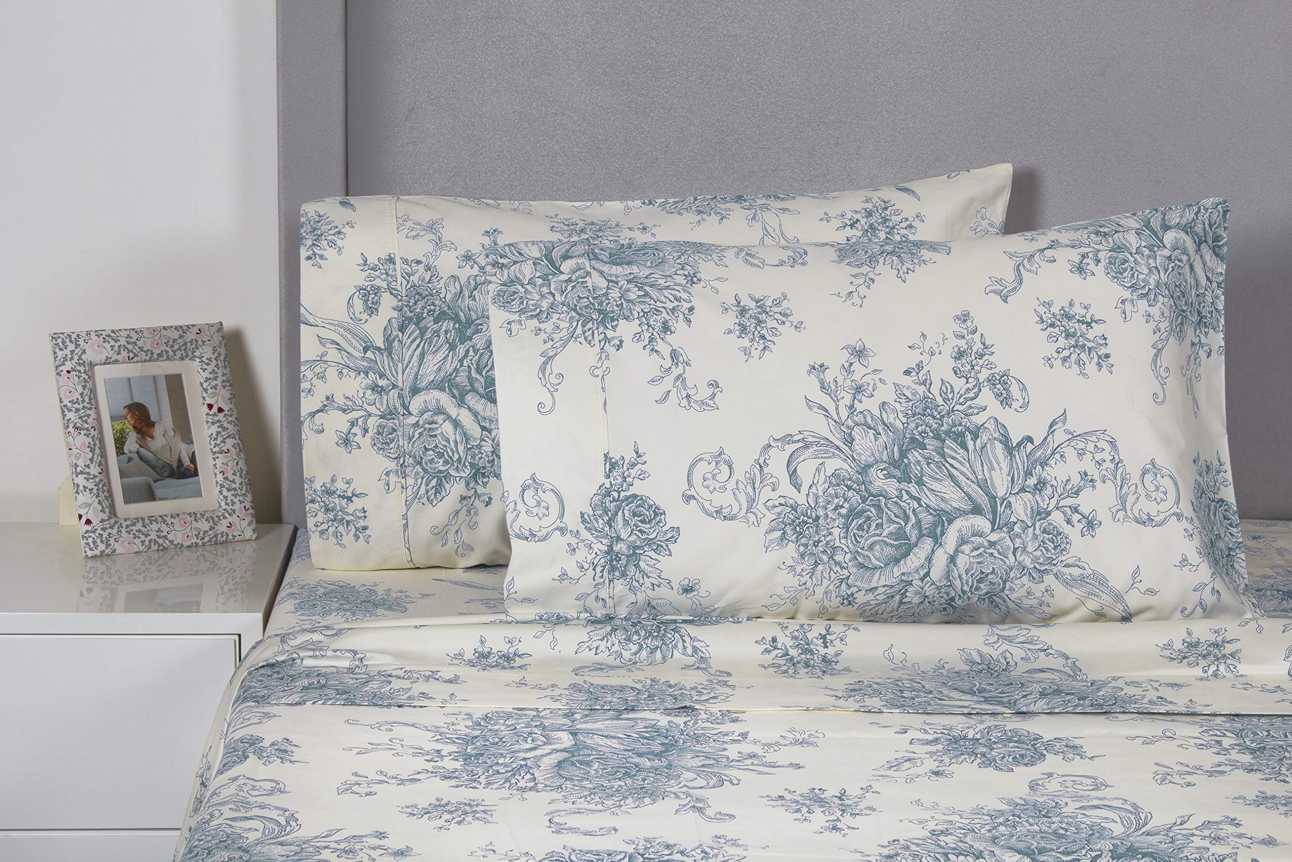 Melange Home 235452 Light Blue Toile Full Sheet Set - 100% Cotton Soft Bedding for Comfortable Sleep, Perfect for Master Bedroom & Guest Room