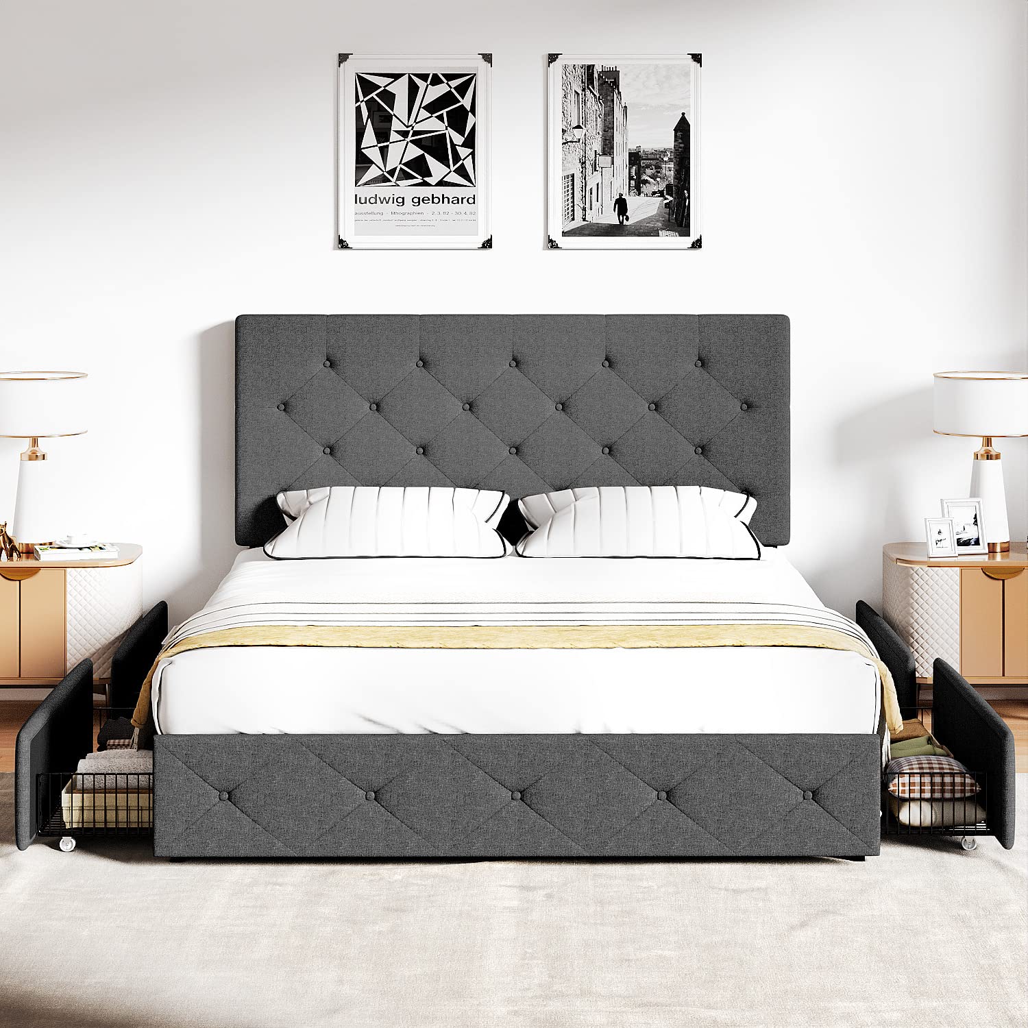 IMUsee Queen Bed Frame with Storage Drawers - Upholstered Platform Bed with Adjustable Diamond Tufted Headboard, Wood Slat Support, No Box Spring Needed, Dark Grey - Perfect for Small Bedrooms, Guest Rooms & Modern Apartments