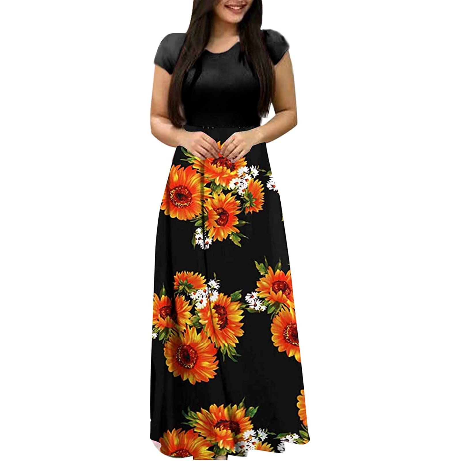 EOPUING Women's Maxi Dresses - Elegant Fit & Flare Floral Print Pleated Dress with High Waist, Long Flowy Summer Dress for Casual Wear, Beach Vacation, Date Night and Special Occasions