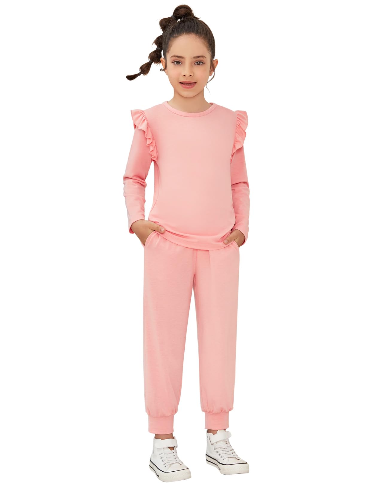 QPANCY Girls 2-Piece Tracksuit Set - Stylish Ruffle Pullover Sweatshirt & Comfortable Sweatpants Outfit for Kids | Perfect for School, Playdates & Casual Wear