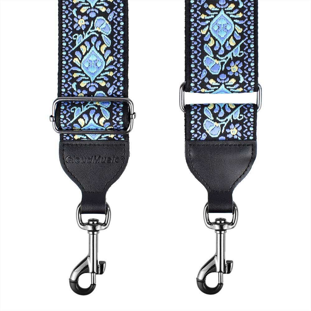 Premium Jacquard Woven Guitar Strap with Leather Ends & Metal Clips - Blue Pattern Banjo Strap for Handbag & Purse | Perfect for Musicians & Fashion Accessories