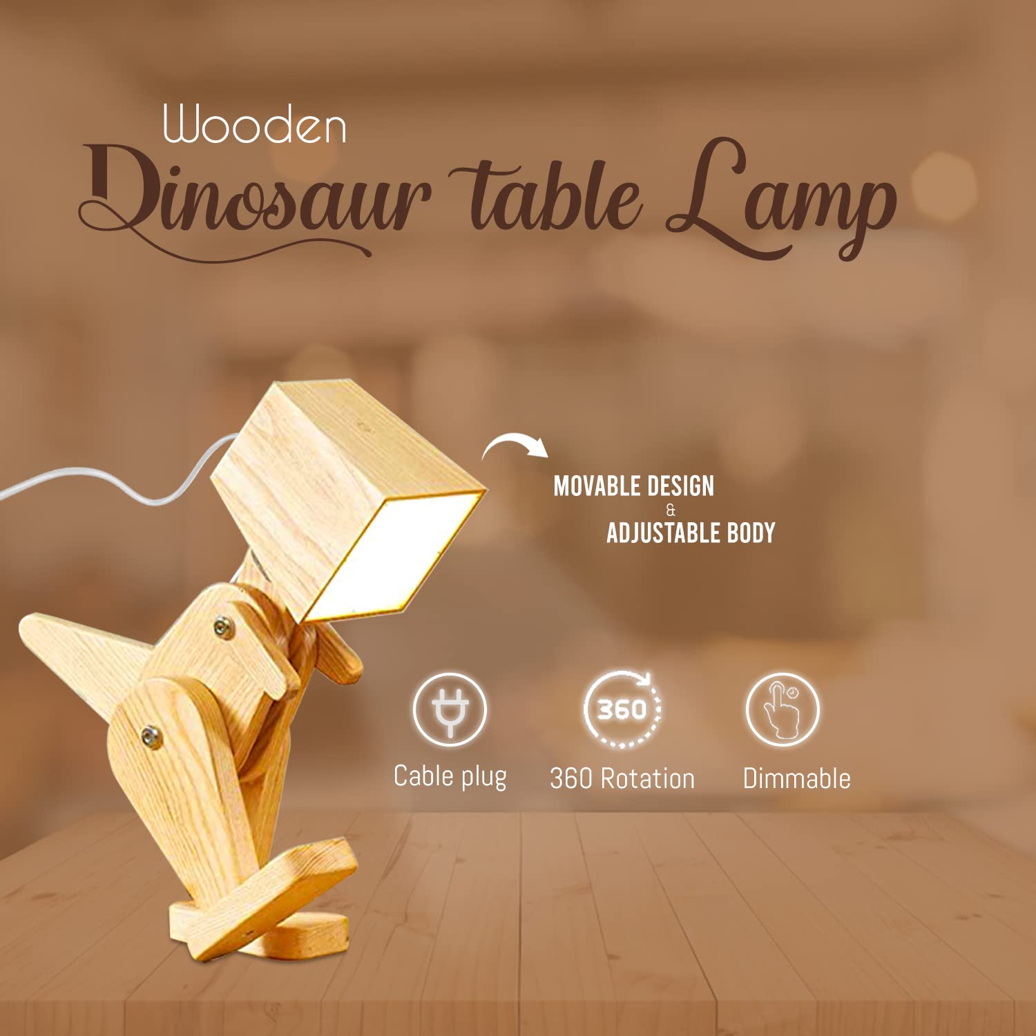 Wooden Dinosaur Table Lamp - Adjustable Touch Control Dimmable Night Light for Kids Room, Bedroom, Study & Office | Cute Animal Desk Lamp with Warm White Light | Perfect for Night Reading, Nursery Decor & Gift Giving (Nature Theme)