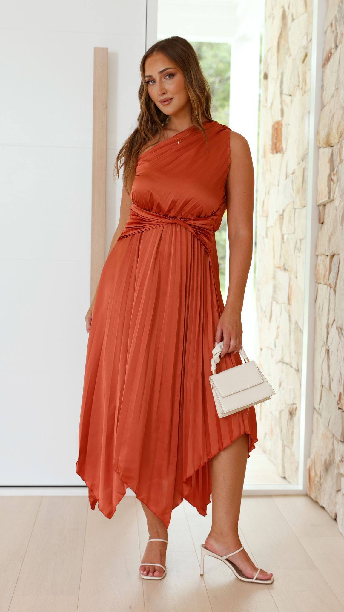 Elegant One Shoulder Midi Dress in Copper - Perfect for Summer Parties, Weddings & Date Nights