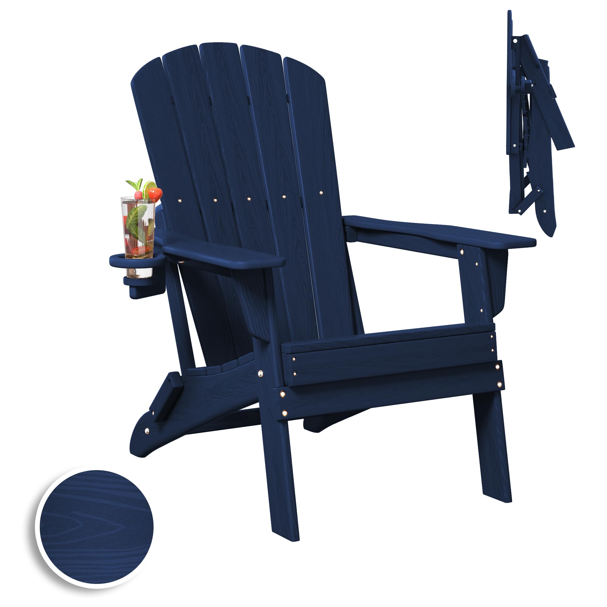 Folding Adirondack Chair with Cup Holder - Heavy Duty All-Weather HDPE Wooden Textured Outdoor Furniture - Navy Blue Patio Poolside Backyard Lawn Chair for Relaxing - SGS Certified Comfortable Seating