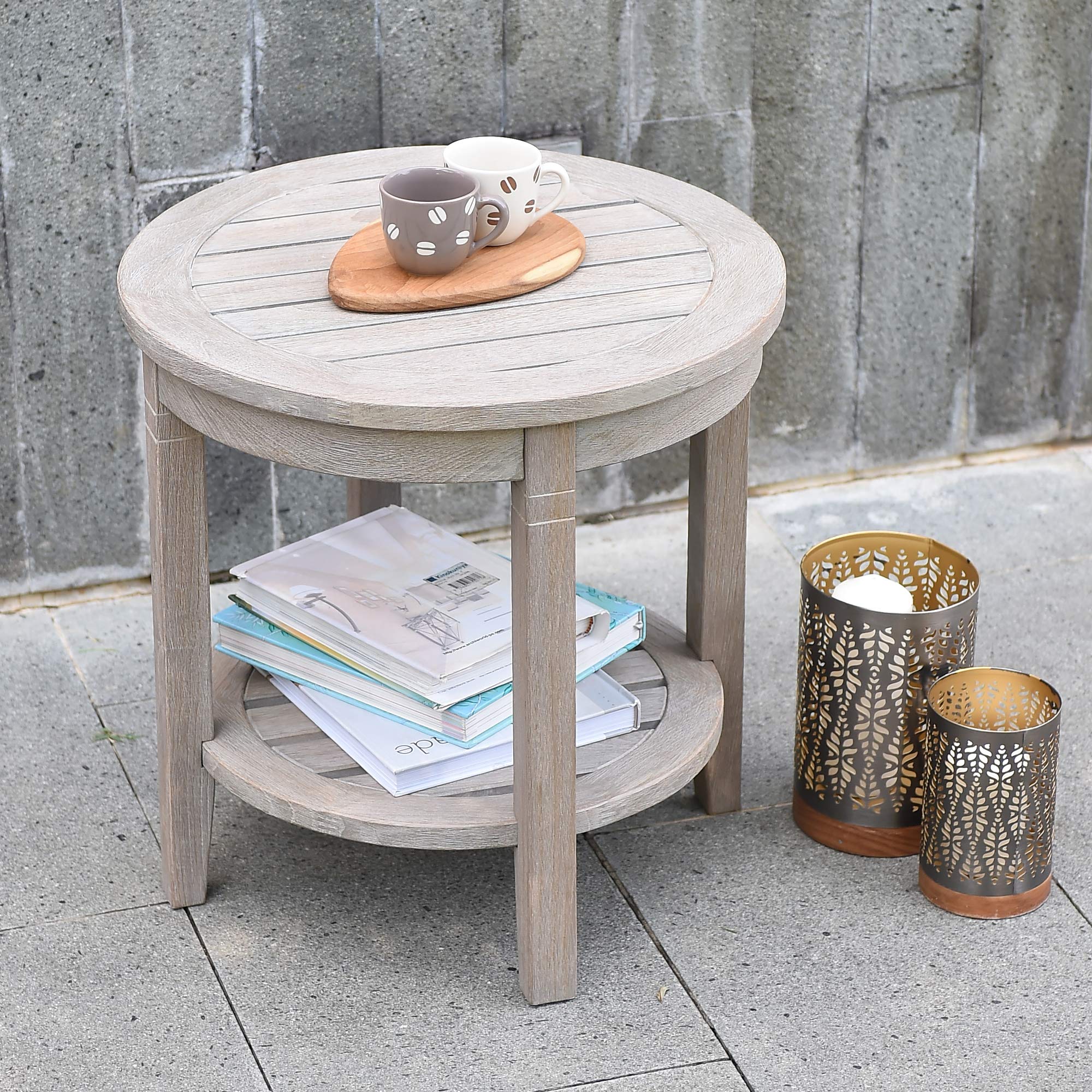 Premium Indonesian Teak Arie Outdoor Round Side Table - Weather-Resistant Weathered Gray Finish - Perfect for Patio, Garden, and Poolside Decor