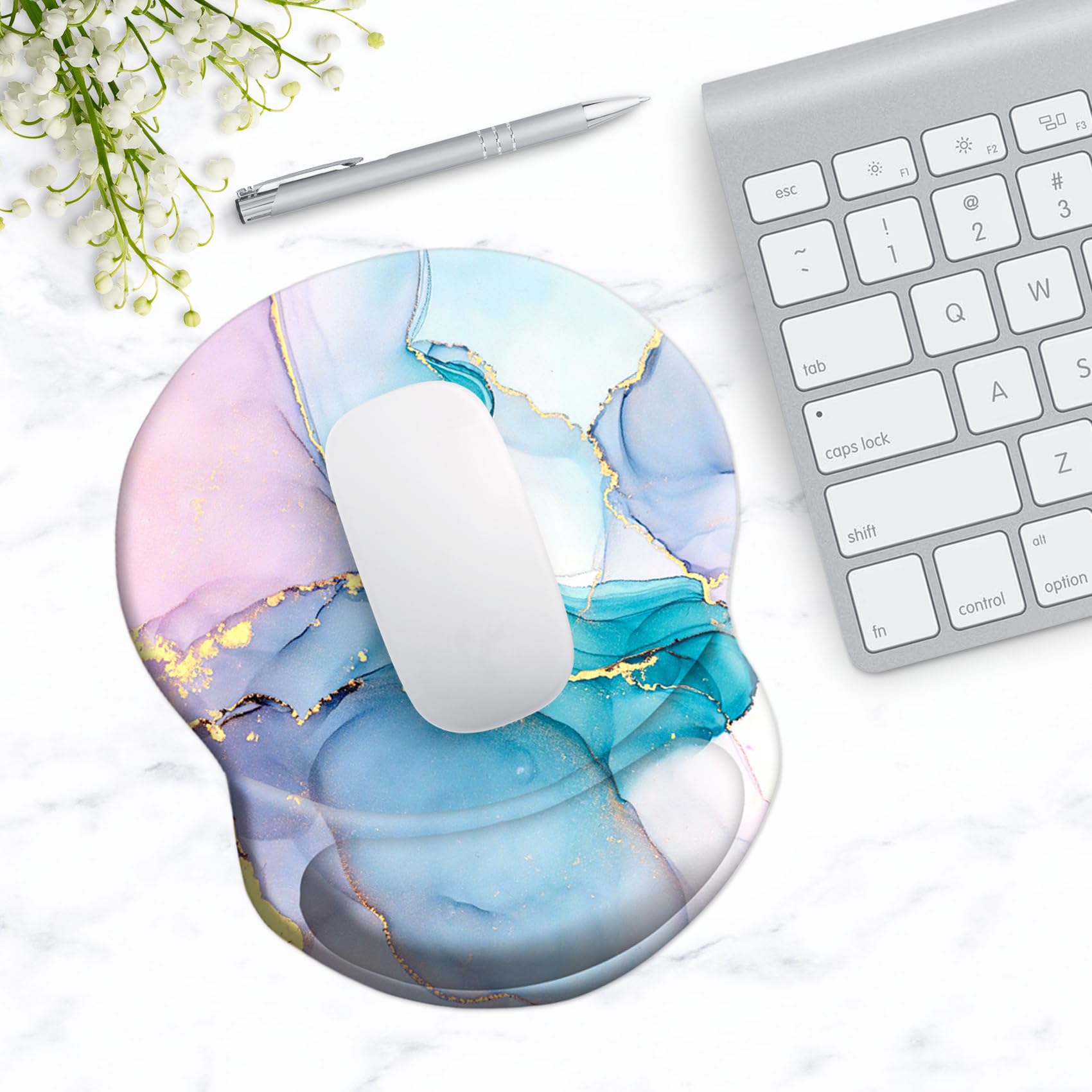 Ergonomic Mouse Pad with Wrist Support - Pain Relief Comfort for Office, Gaming & Study - Non-Slip PU Base Computer Mouse Pad (Pink Blue Marble) - Perfect for Home Office, PC Gaming & Long Work Sessions