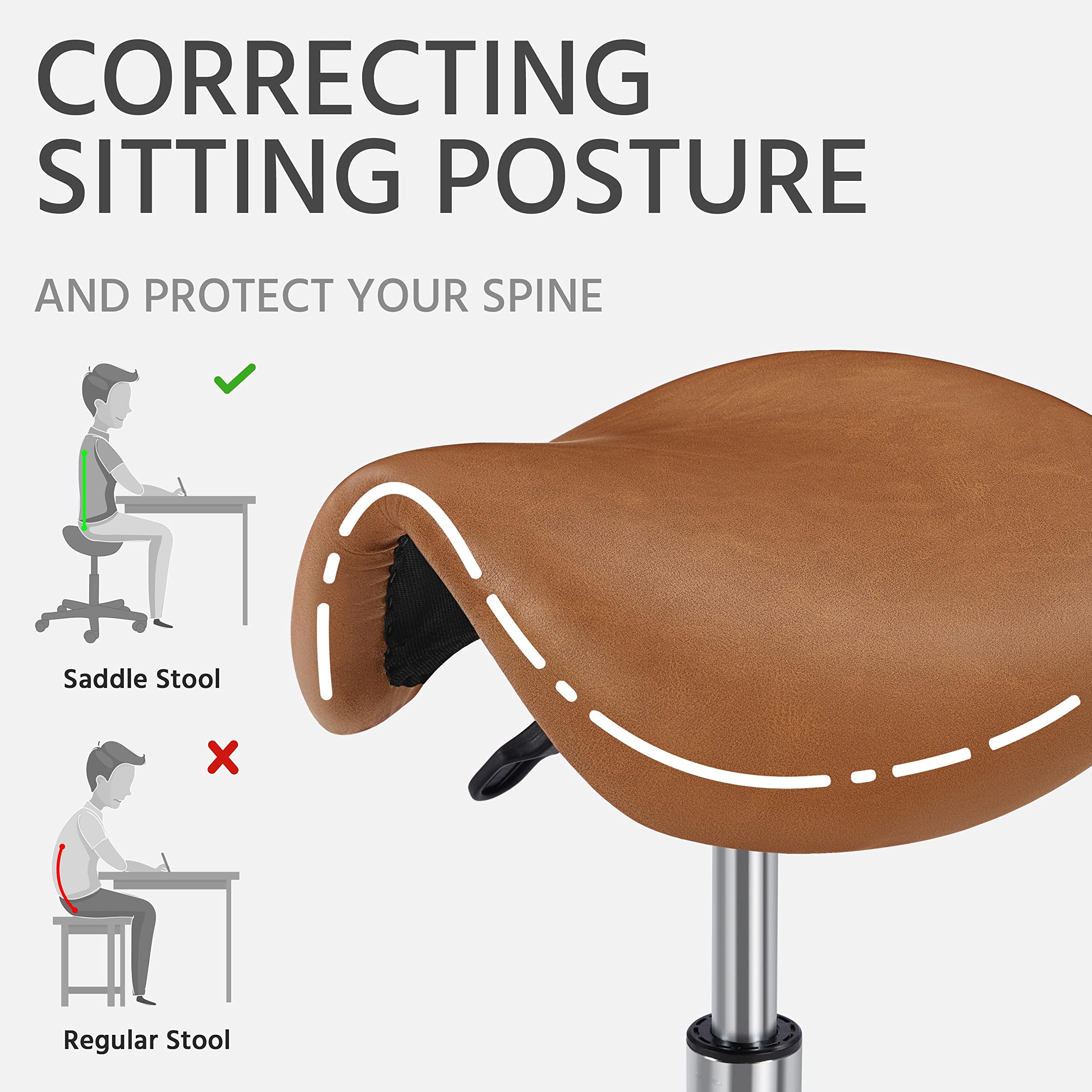 Yaheetech Adjustable Rolling Saddle Stool with Wheels - PU Leather Swivel Stool for Hair Salon, Tattoo, Massage & Lash Technicians - Retro Brown Saddle Chair for Comfortable Seating in Beauty & Barber Shops