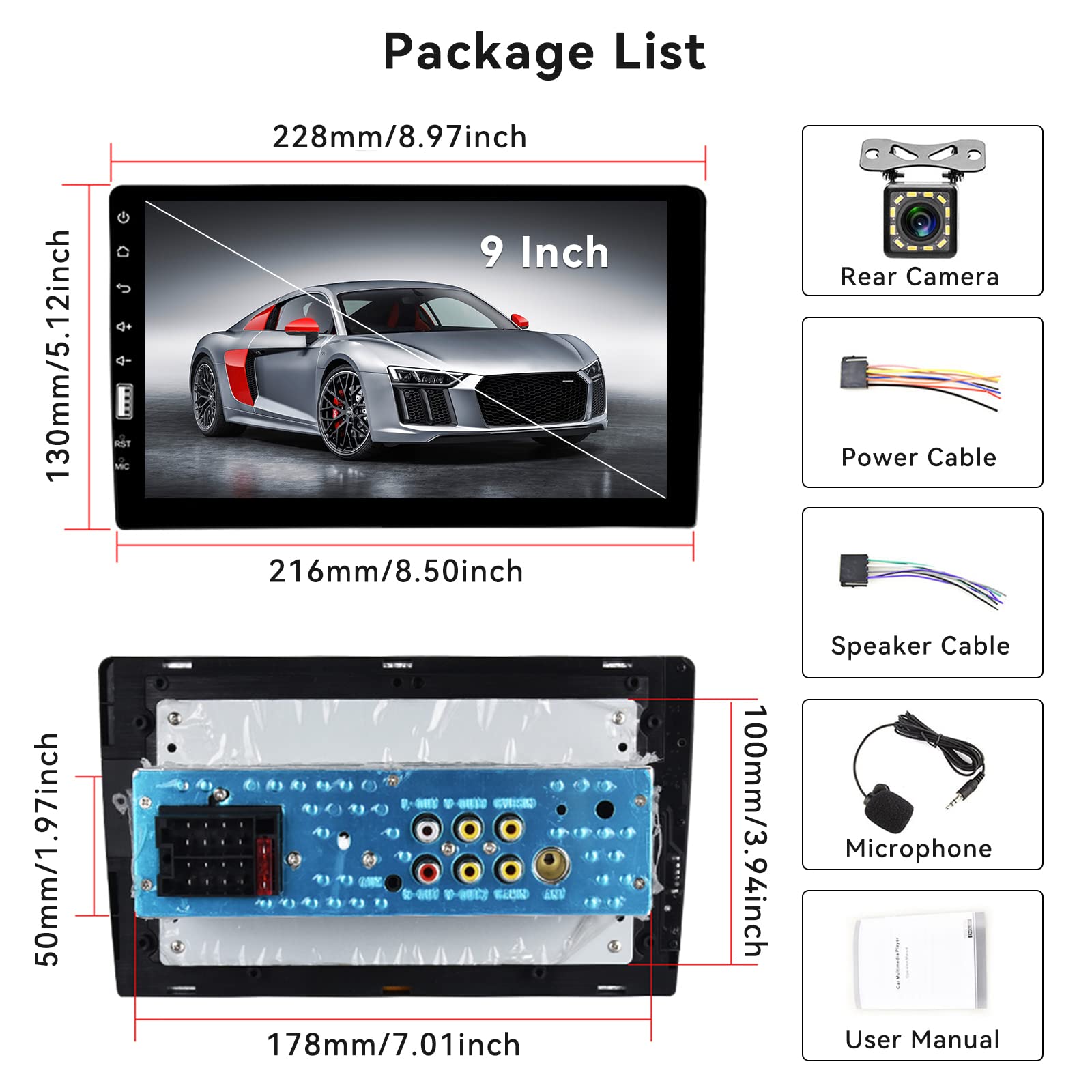 9 Inch HD Touch Screen Single Din Car Stereo with Bluetooth, Backup Camera & External Mic - MP5 Player, Mirror Link, SWC, USB, EQ - Perfect for Hands-Free Calling & Safe Reversing