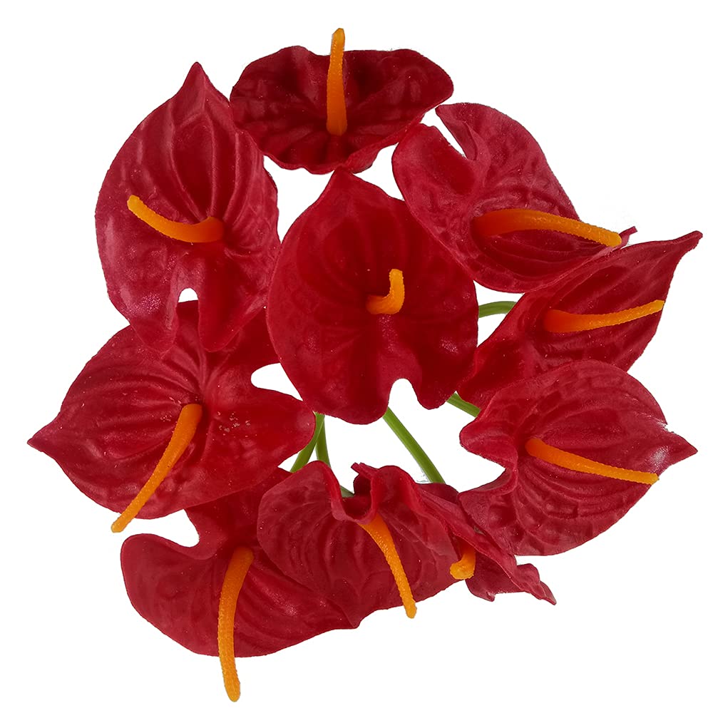 10Pcs Red Artificial Anthurium Fake Flowers - Lifelike Home Decor for Indoor Living Room, Dining Table, Wedding Bouquet & Bridal Centerpieces - Perfect for Housewarming Gifts & Seasonal Decorations