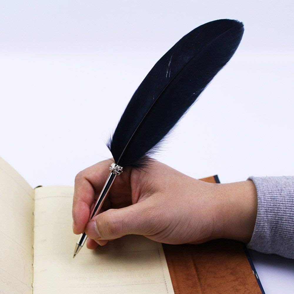 Natural Feather Ballpoint Pen with Black Ink - Luxury Handwriting Stationery for Kids, School Writing & Signatures | Perfect for Calligraphy, Gift Giving & Vintage-Themed Events
