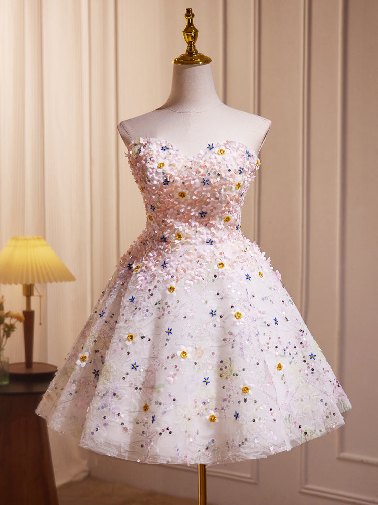 Elegant A-Line Sweetheart Neck Tulle Flower Short Prom Dress in Light Pink - Perfect for Cocktail Parties, Homecoming Dances & Formal Events